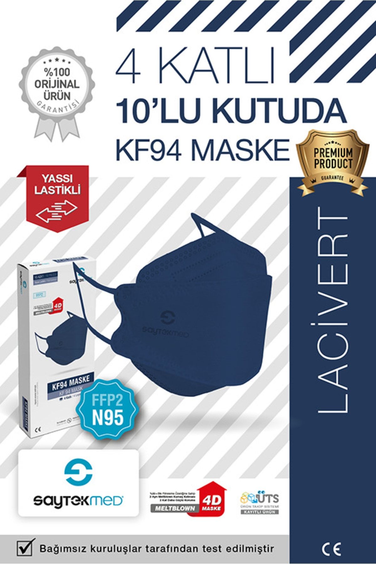 SAYTEKMED N95/FFP2 Kore Tipi, 4 katlı, Lacivert Maske, Tekli Paket, UV Steril (1 Kutu/ 10 Adet)