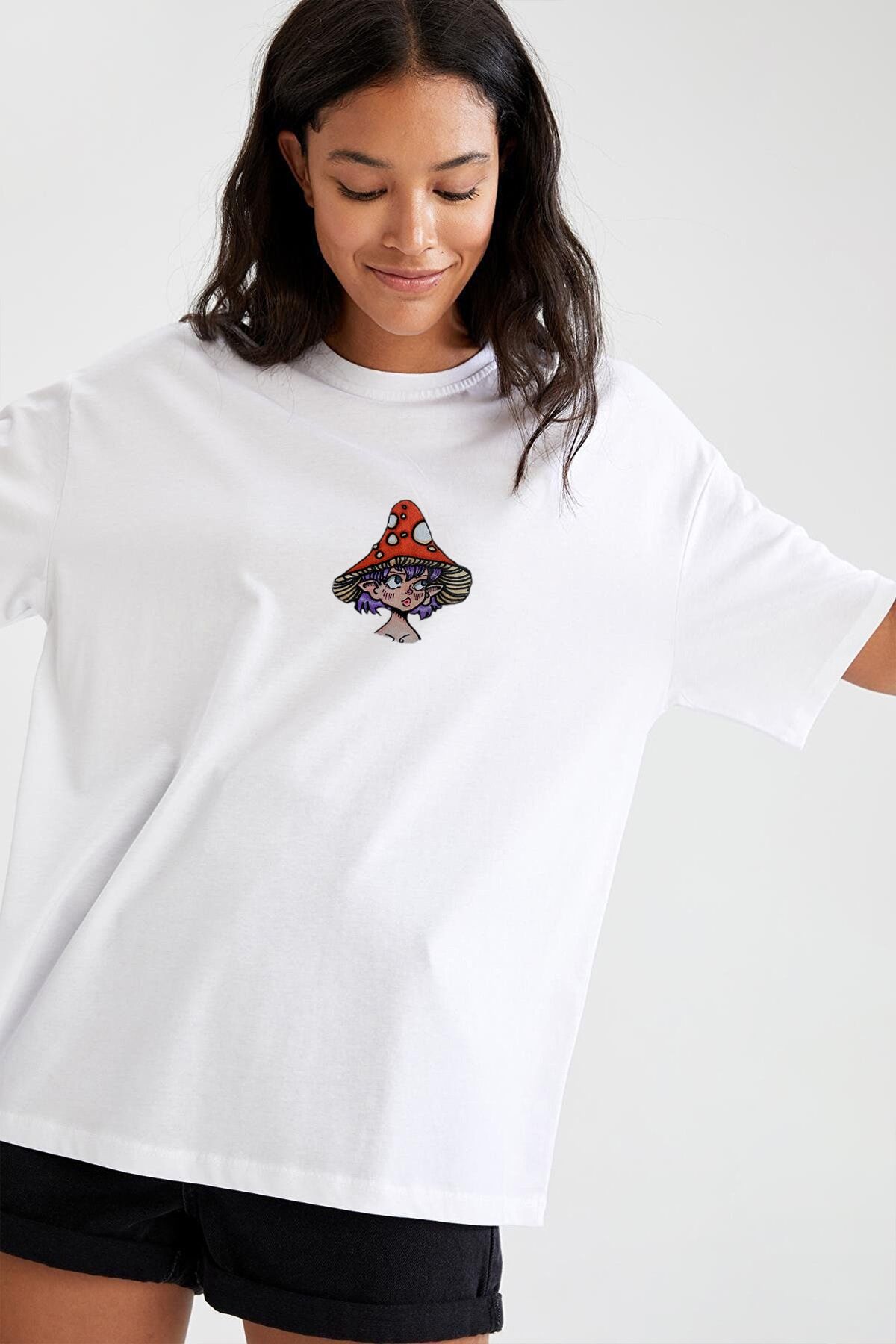 viptasarımtshirt Kadın Beyaz Mantar Şapkalı Kız Çocuk Baskılı Bisiklet Yaka Oversize Pamuklu T-shirt