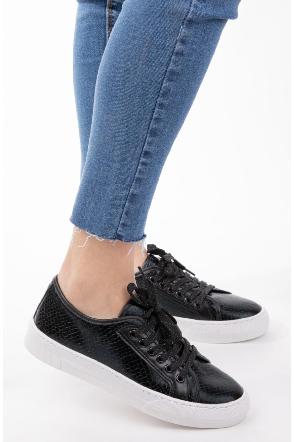 NAVYSIDE Kadın Siyah Kroko Desenli Sneaker Bağcıklı Günlük Spor Ayakkabı