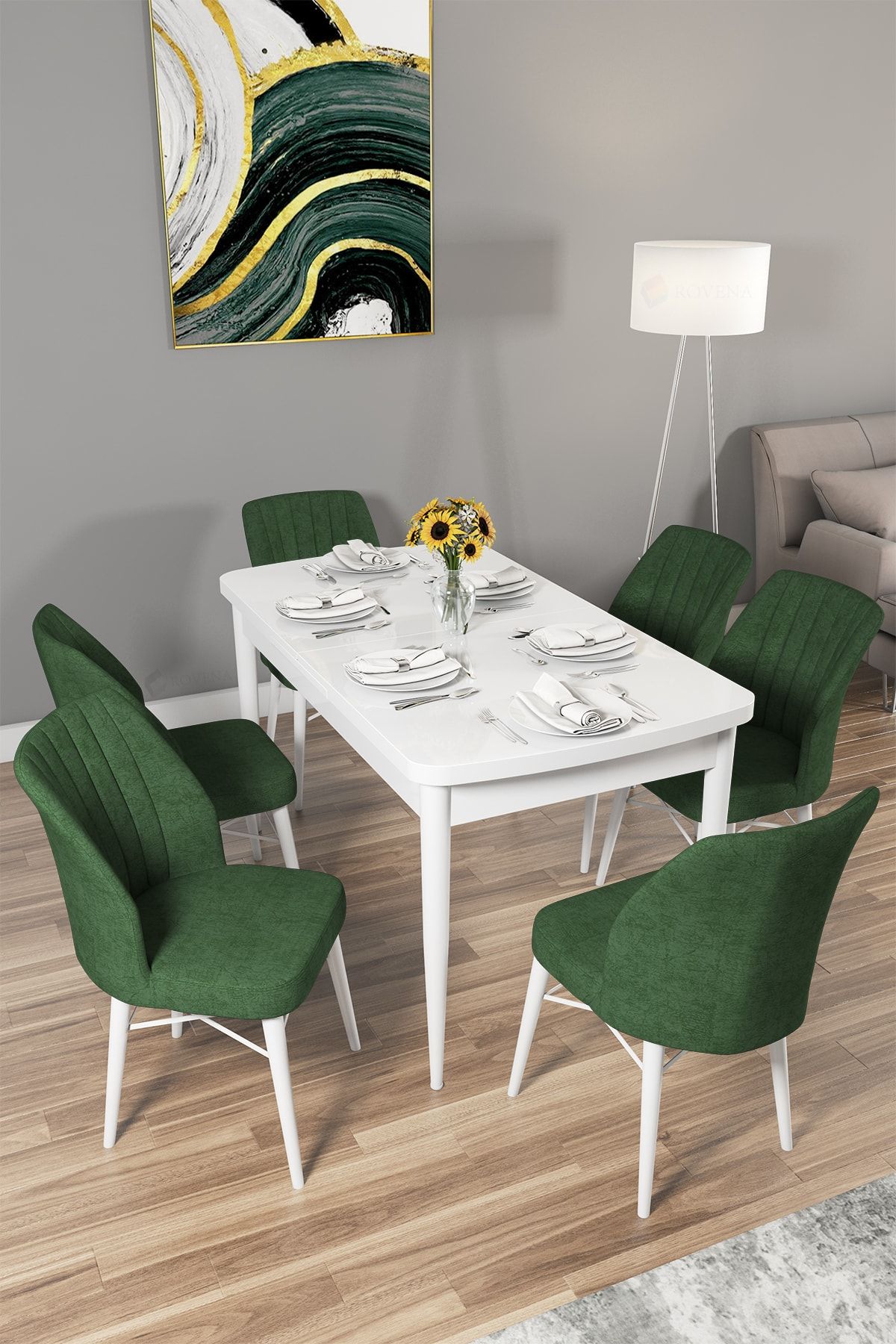 Rovena Arel Beyaz 80x132 Mdf Açılabilir Mutfak Masası Takımı 6 Adet Sandalye