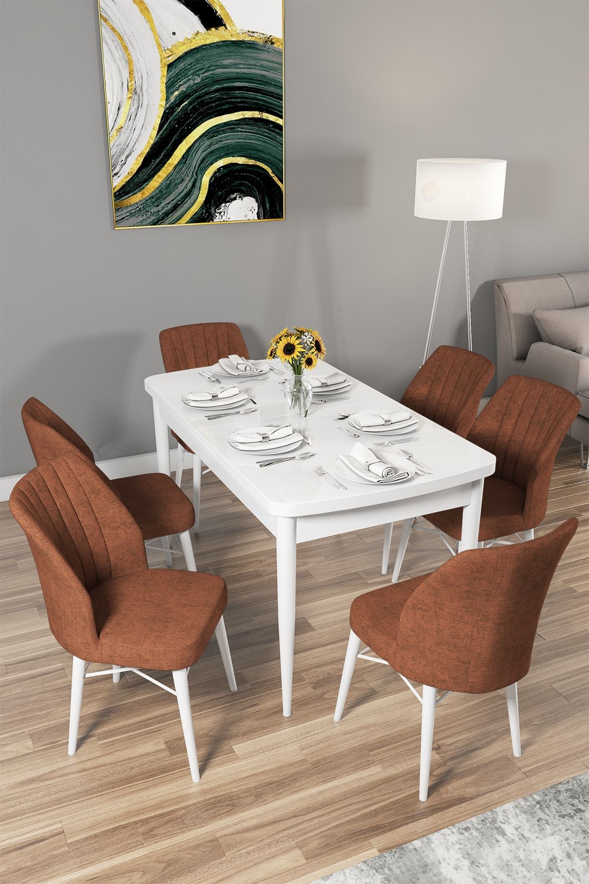 Rovena Arel Beyaz 80x132 Mdf Açılabilir Mutfak Masası Takımı 6 Adet Sandalye