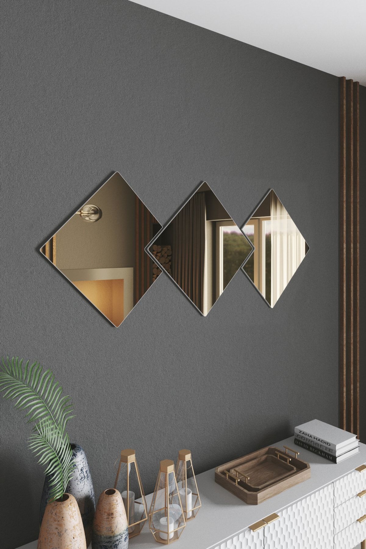 Mirror Art Dekoratif Bronz Ayna 3 Kare Parçalı