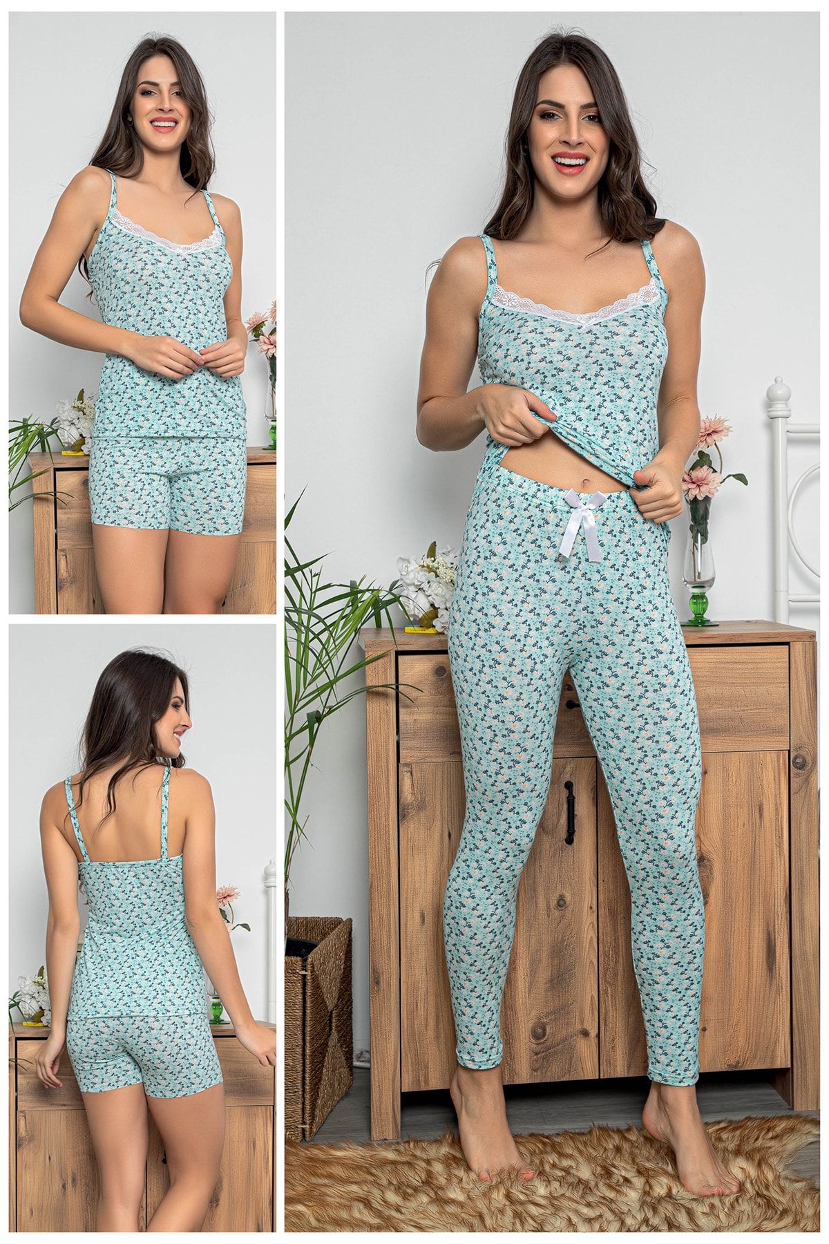 MyBen Kadın Çiçek Desenli Dantel Detaylı Şortlu Ve Taytlı Pijama Takımı 3'lü Set 75013