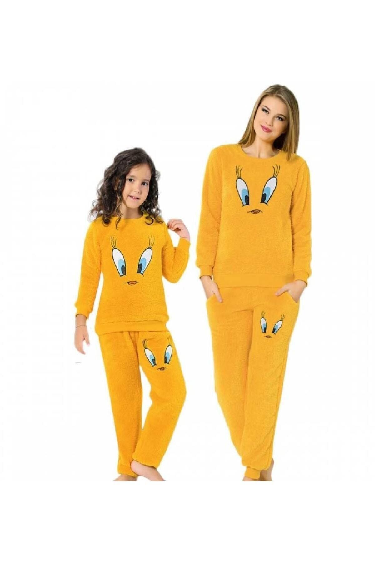Justin Beauty Tweety Peluş Anne Kız Polar Pijama Takımı