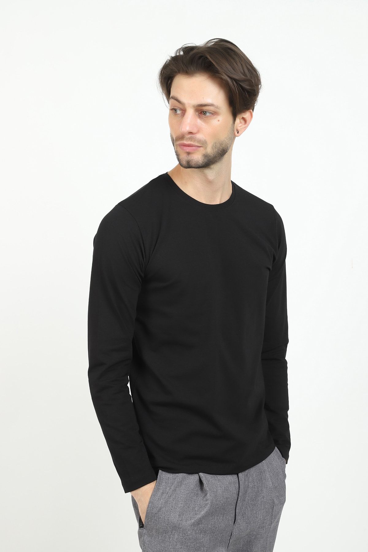 Jim Poweel Erkek Siyah Uzun Kollu Likralı Basic T-shirt