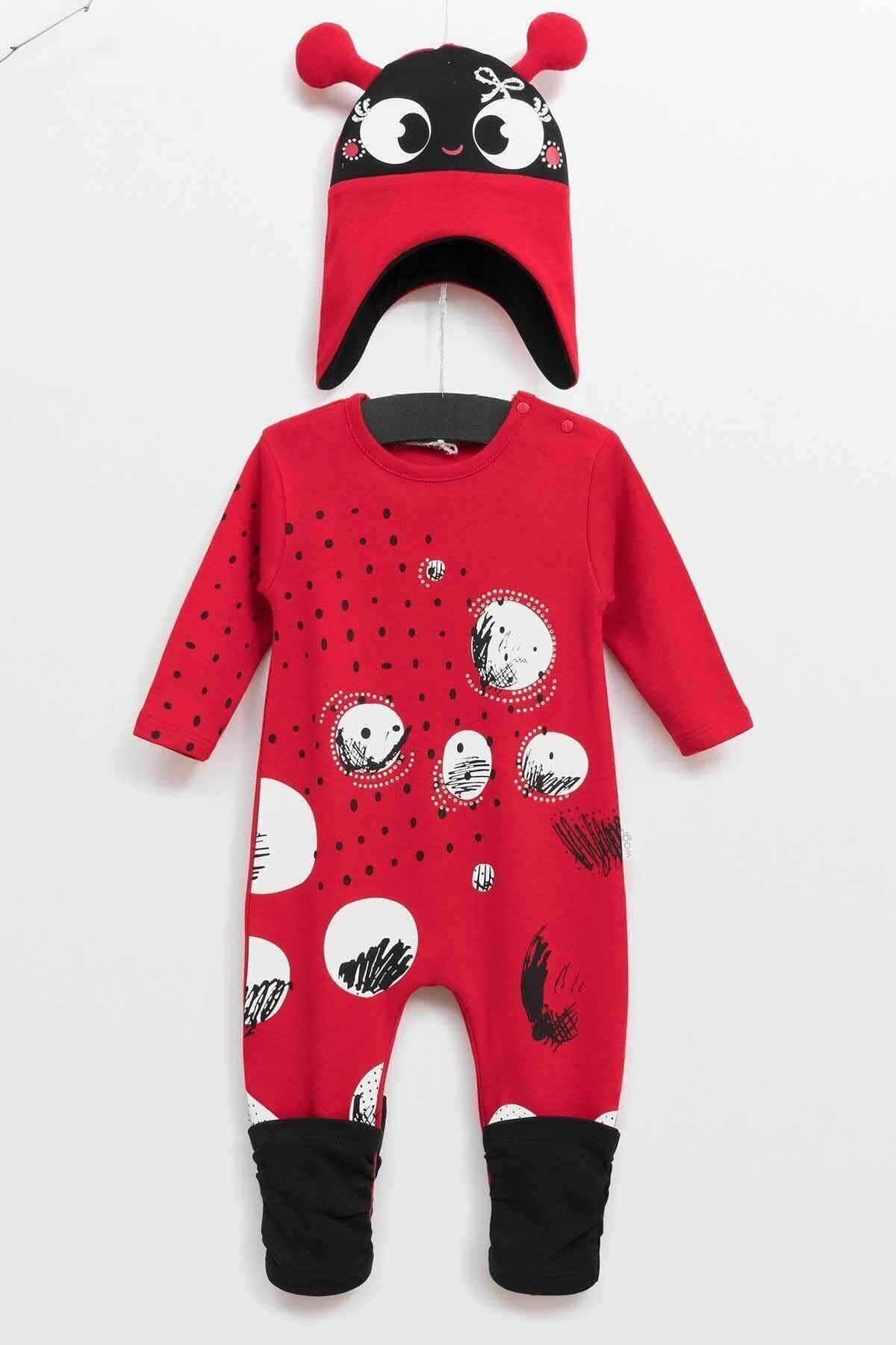 Wogi Kız Bebek Kırmızı Şapkalı Tulum Takım 2 Li Wg5368