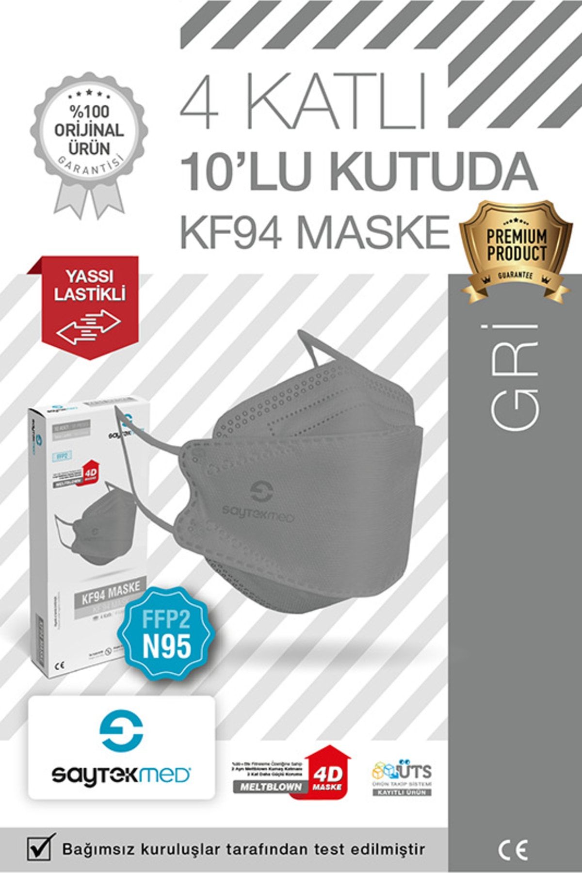 SAYTEKMED N95/FFP2 Kore Tipi, 4 katlı, Gri Maske, Tekli Paket, UV Steril (1 Kutu/ 10 Adet)
