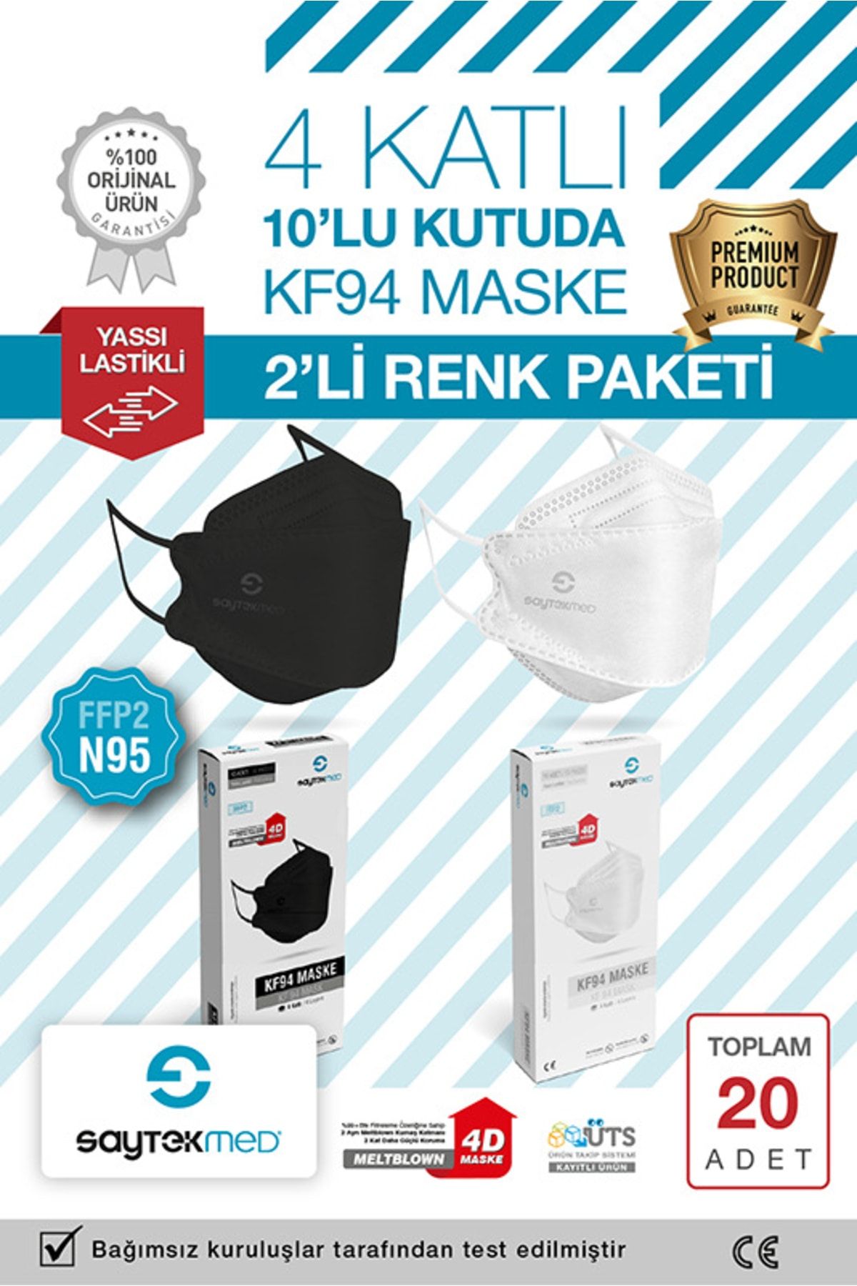 SAYTEKMED N95/FFP2 Kore Tipi, 4 katlı, 20 Adet Beyaz ve Siyah Maske, Tekli Paket, UV Steril (2 kutu/20 adet)