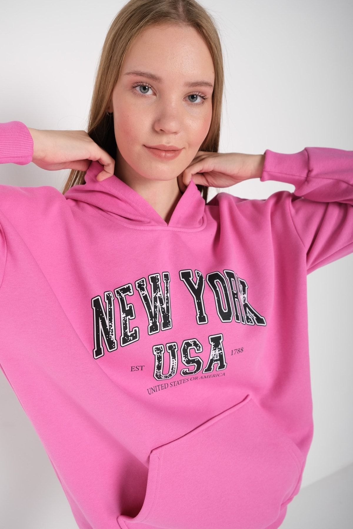 MODAGEN Kadın Pembe New York Usa Baskılı Kapüşonlu Oversize Sweatshirt