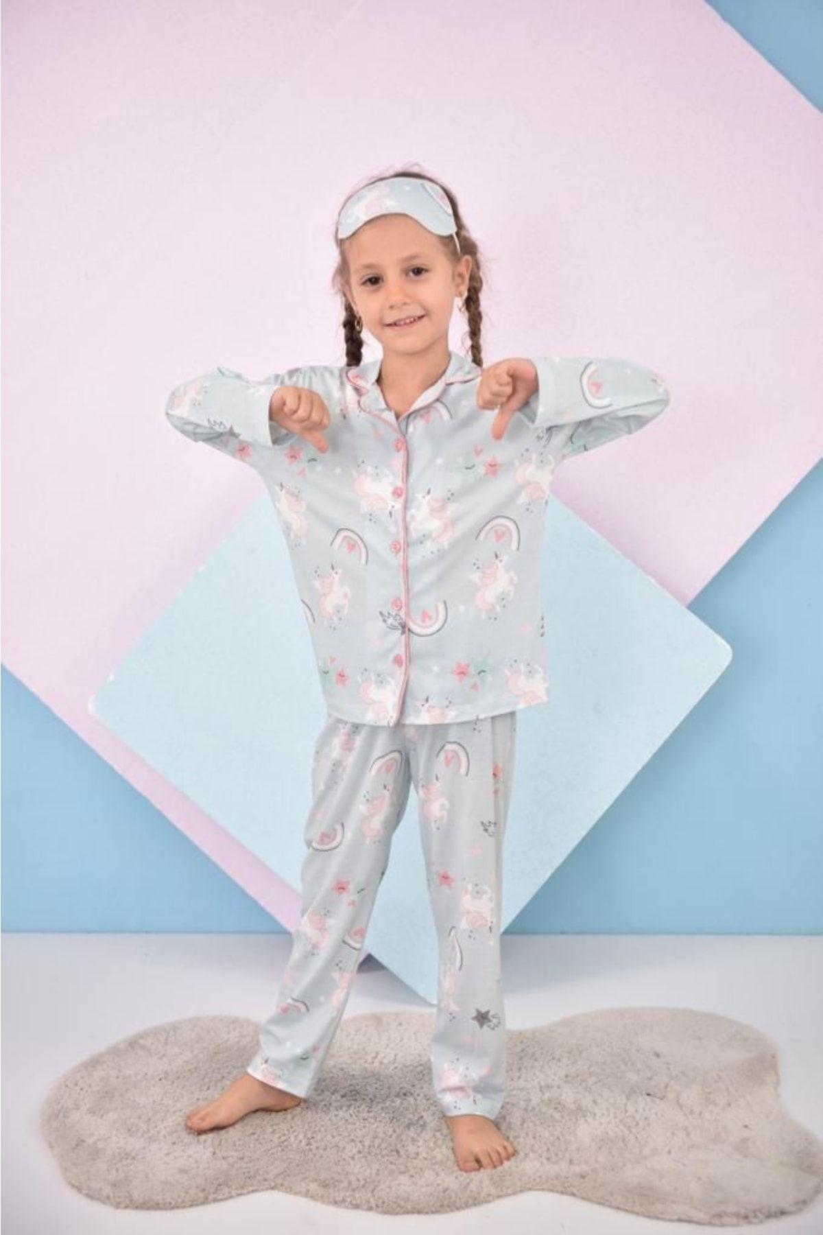 Lolliboomkids Kız Çocuk Unicorn Baskılı Pastel Mavi Göz Bandı Hediyeli Pembe Renk Pijama Takımı Yeni Sezon