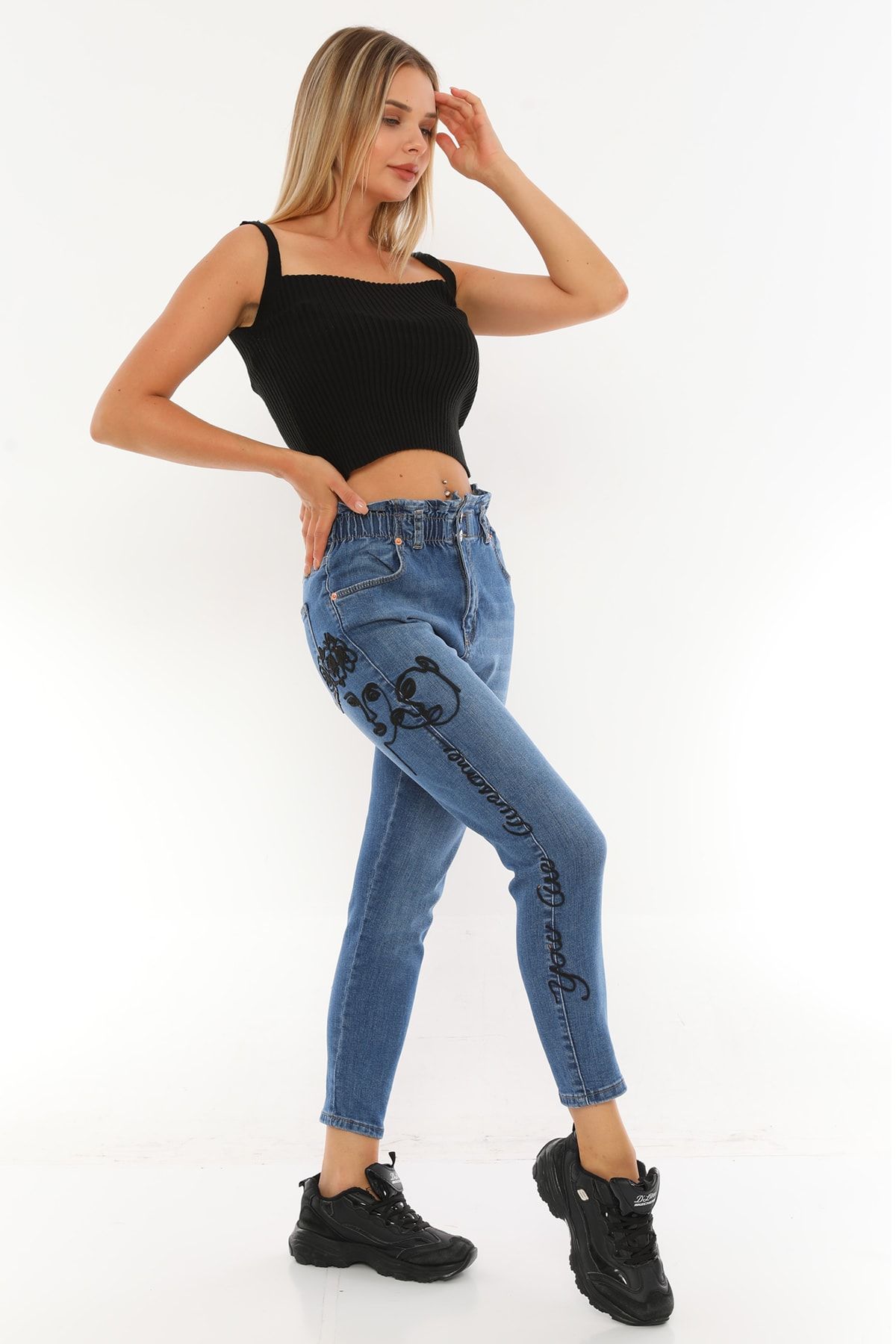 PodiumStar Kadın Mavi Yüksek Bel Likralı Beli Lastikli Yüz Nakış Işlemeli Rahat Kot Pantolon