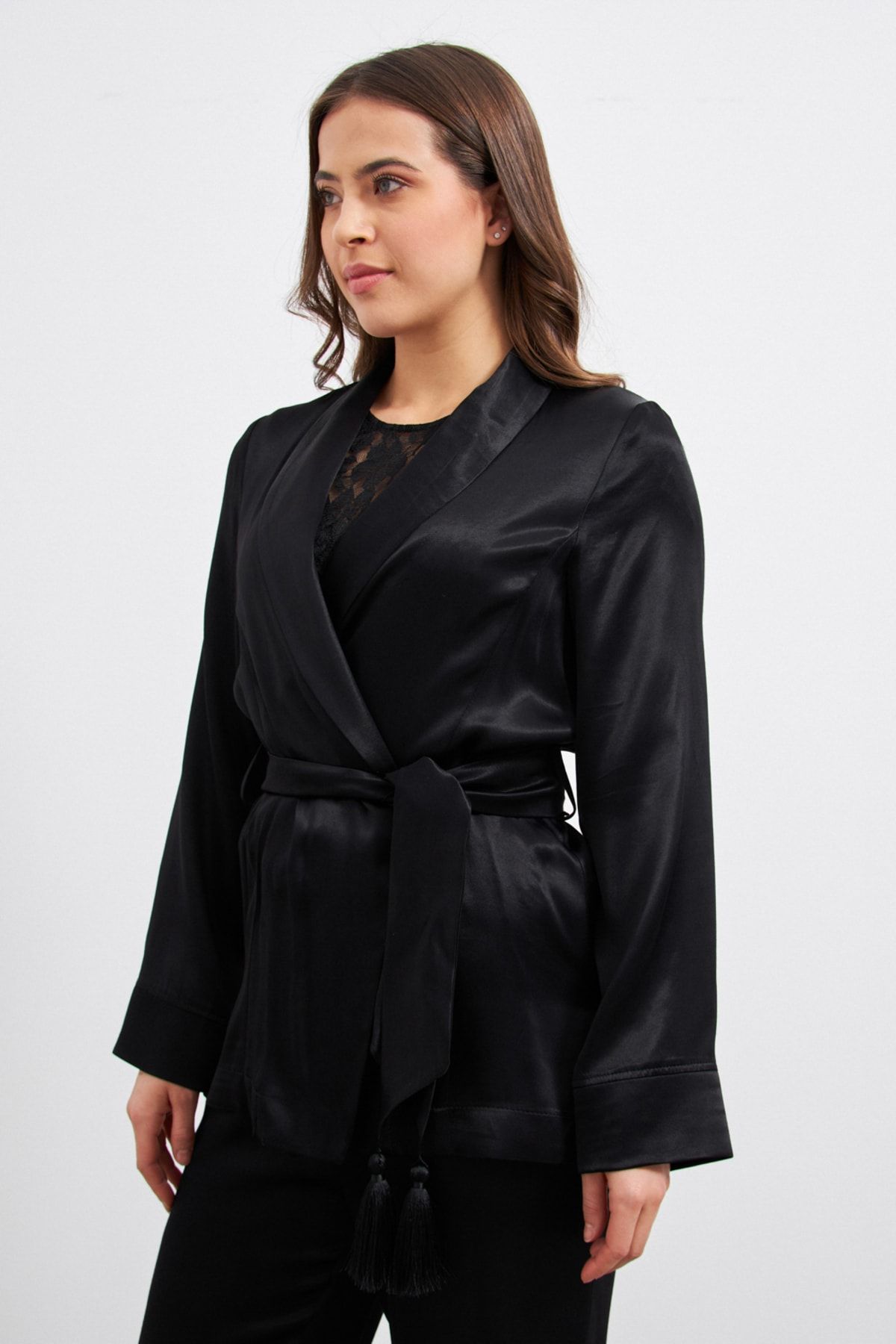 Gusto Saten Kimono - Siyah