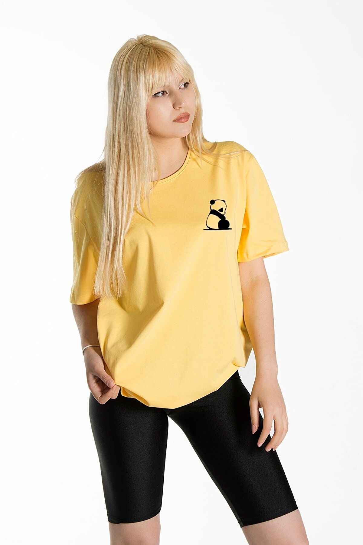 blackbonds Kadın Sarı Önü Panda Baskılı Bisiklet Yaka Oversize Pamuklu T-shirt