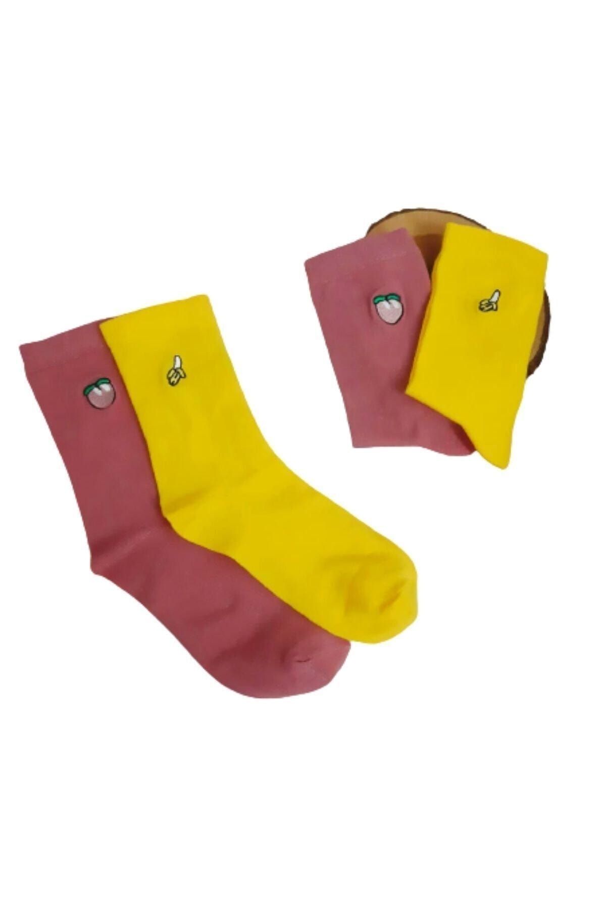 ULU SOCKS 2'li Meyve Nakış Işlemeli Çorap Muz Kayısı Figürlü
