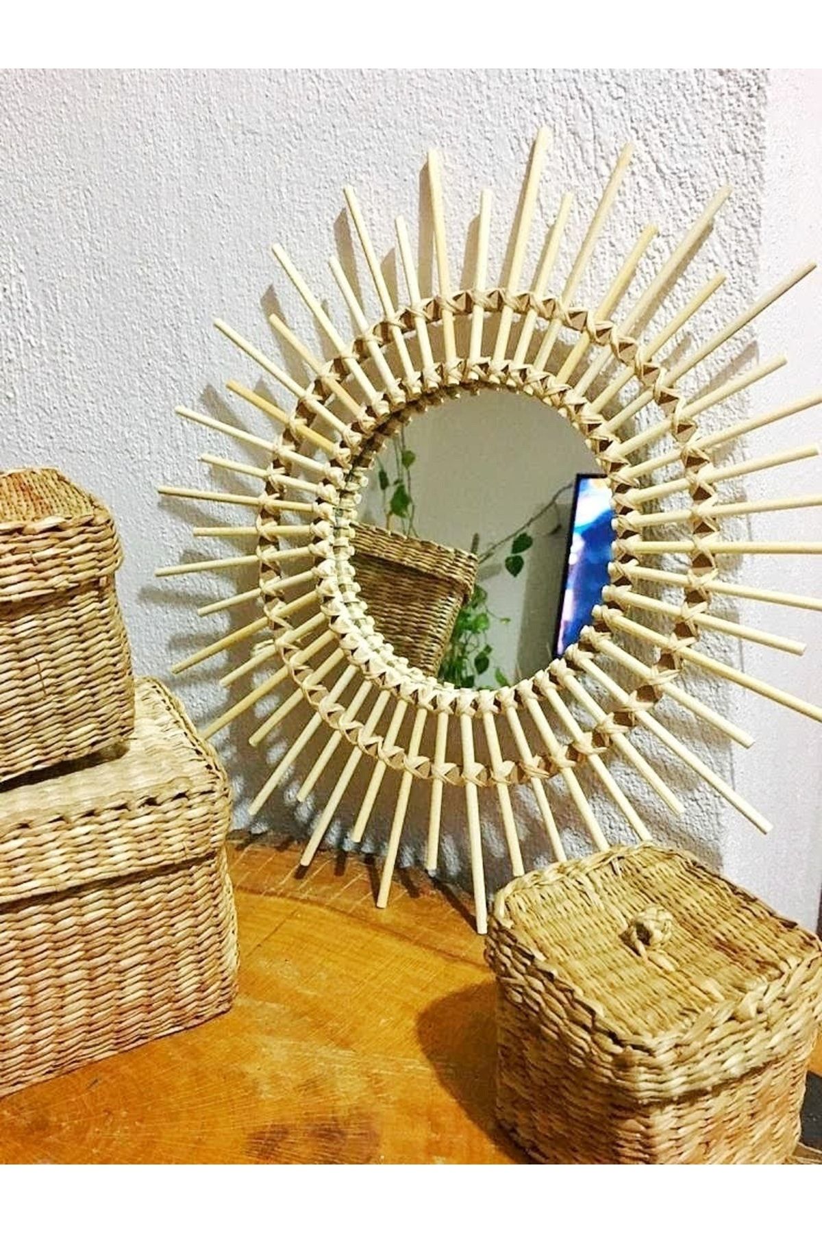 Boncukafası Çiçek Bambu Ayna Duvar Aynası Konsol Aynası Dekoratif Ayna Çocuk Odası