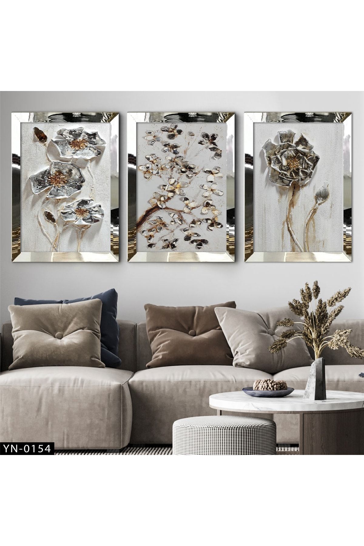 tablom burada Gri Gül Yaprakları Ayna Gümüş Çerçeveli Tablo 3'lü Set