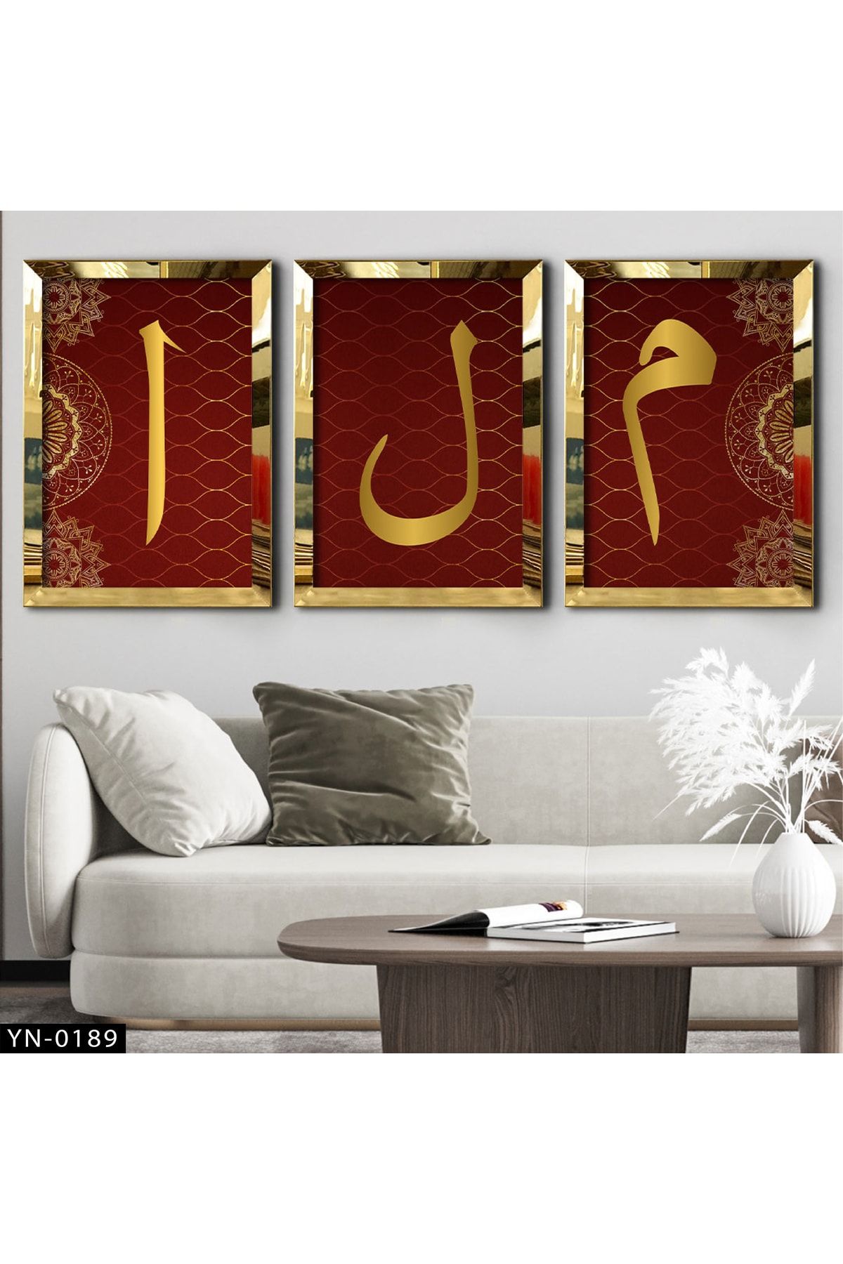 tablom burada Bordo Üzeri Altın Elif-lam-mim Harfler Gold Ayna Çerçeveli Tablo 3'lü Set