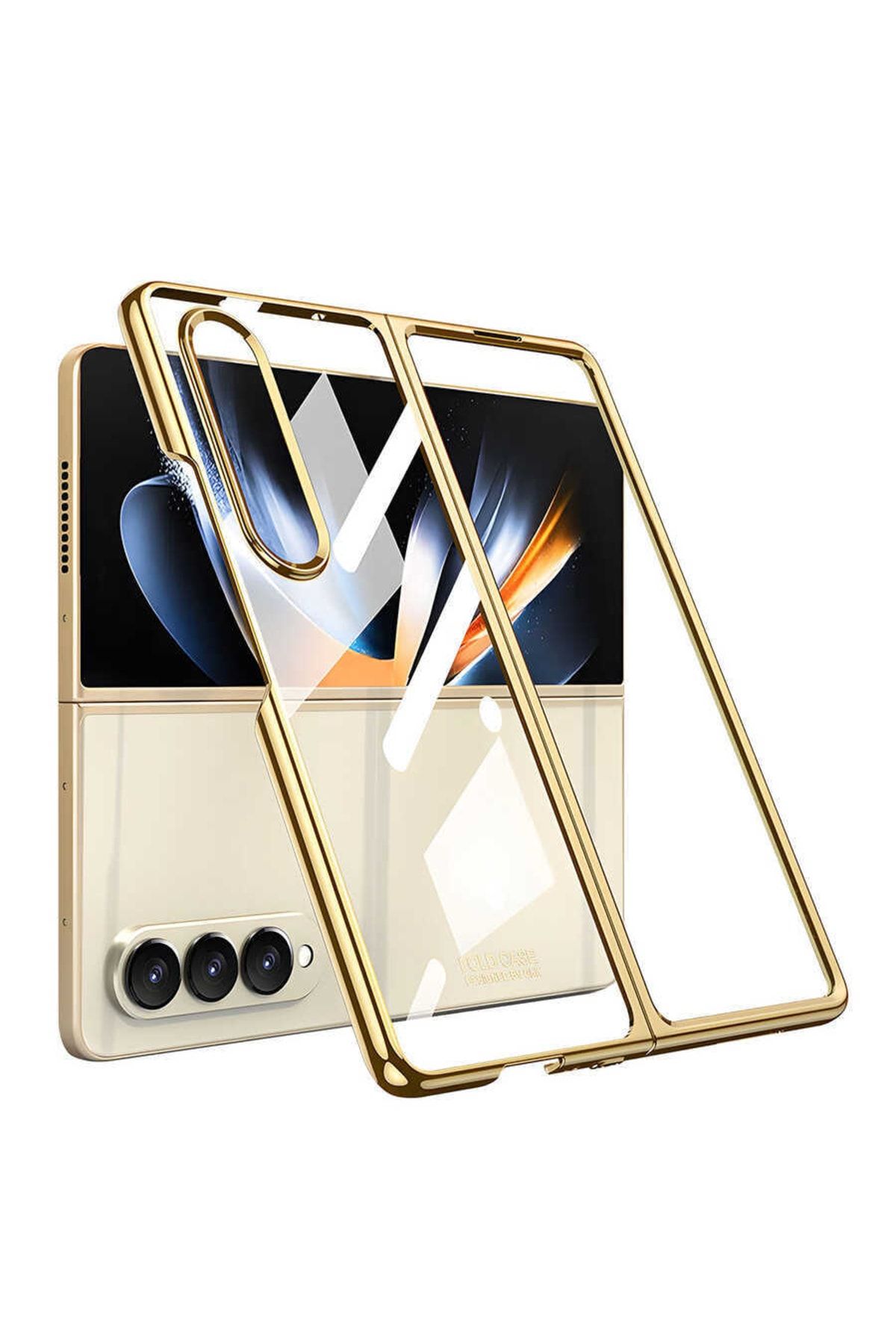 Nezih Case Samsung Galaxy Z Fold 4 Uyumlu Parlak Ultra Ince Kıpta Full Koruma Cam Kılıf Gold