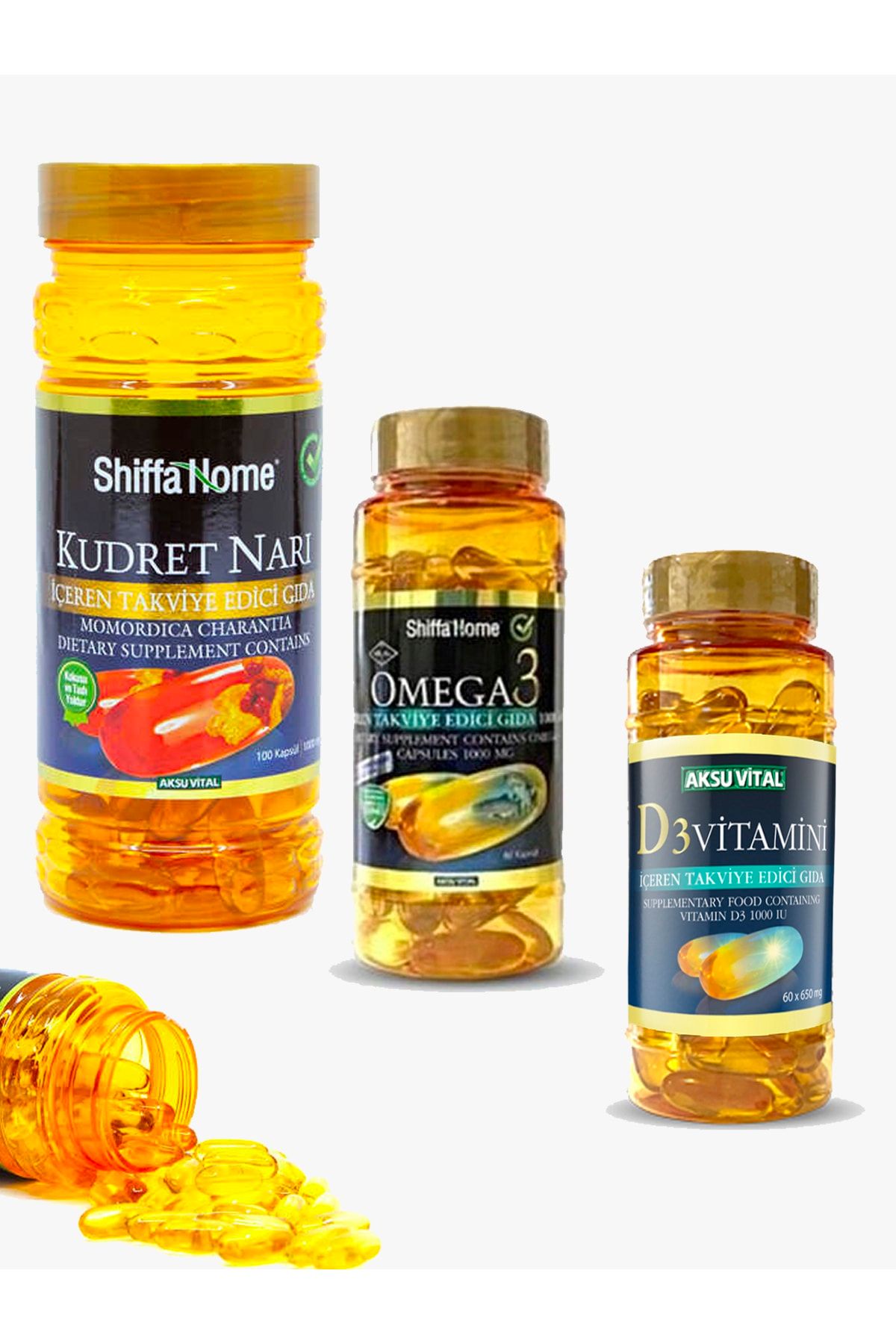 Shiffa Home Omega 3 - 60 Kapsül+ Kudret Narı Softjel 100 Kapsül+ D3 Vitamini 60 Kapsül