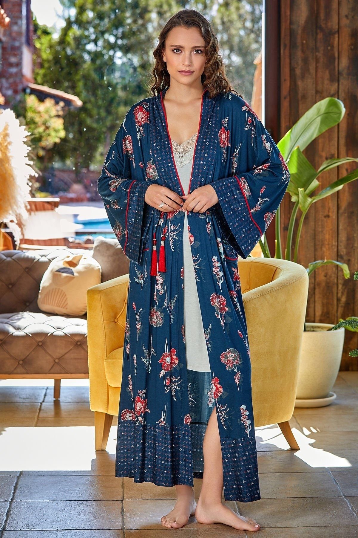 Cossy By Aqua 23124 Desenli Uzun Kimono Sabahlık