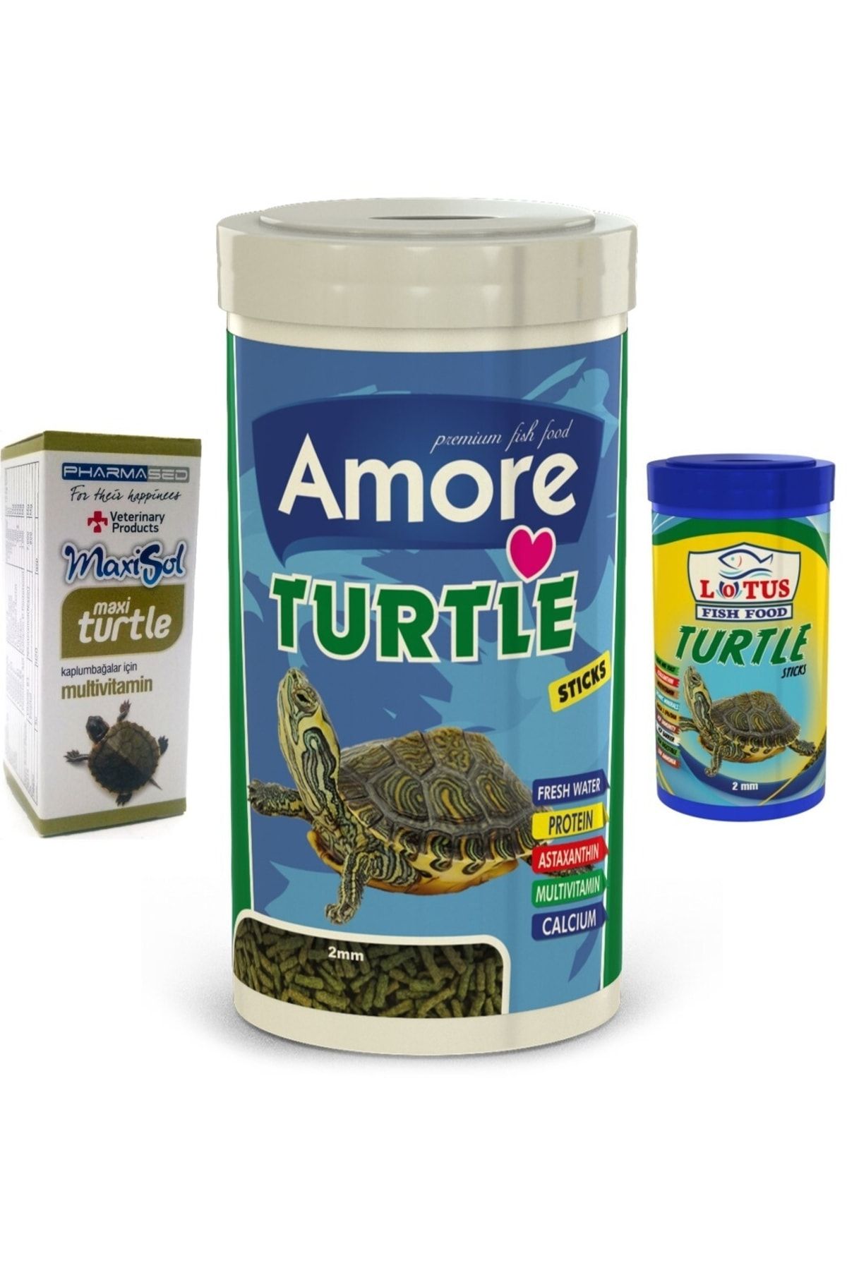 AMORE Turtle Green Sticks 1000 Ml, Lotus 100ml Kutu Kaplumbağa Yemi Ve Vitamini