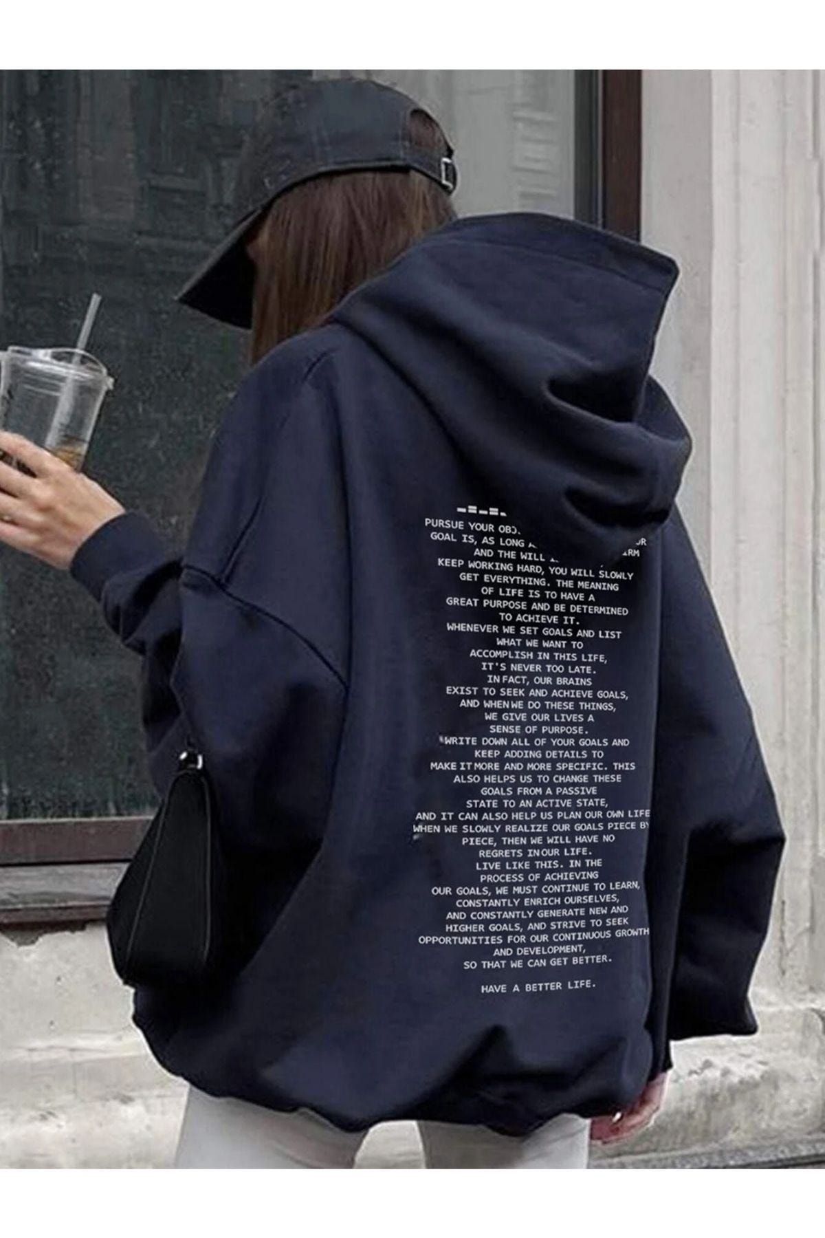 Black Sokak Blacksokak Kadın Lacivert Yazı Detaylı Oversize Kapüşonlu Sweatshirt
