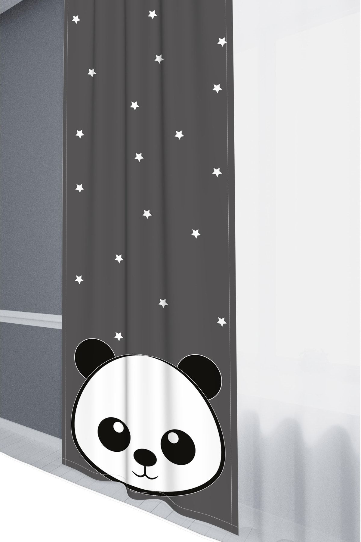 Tekstilnet Gri Zemin Panda Desenli Yıkanabilir Çocuk Odası Baskılı Fon Perde