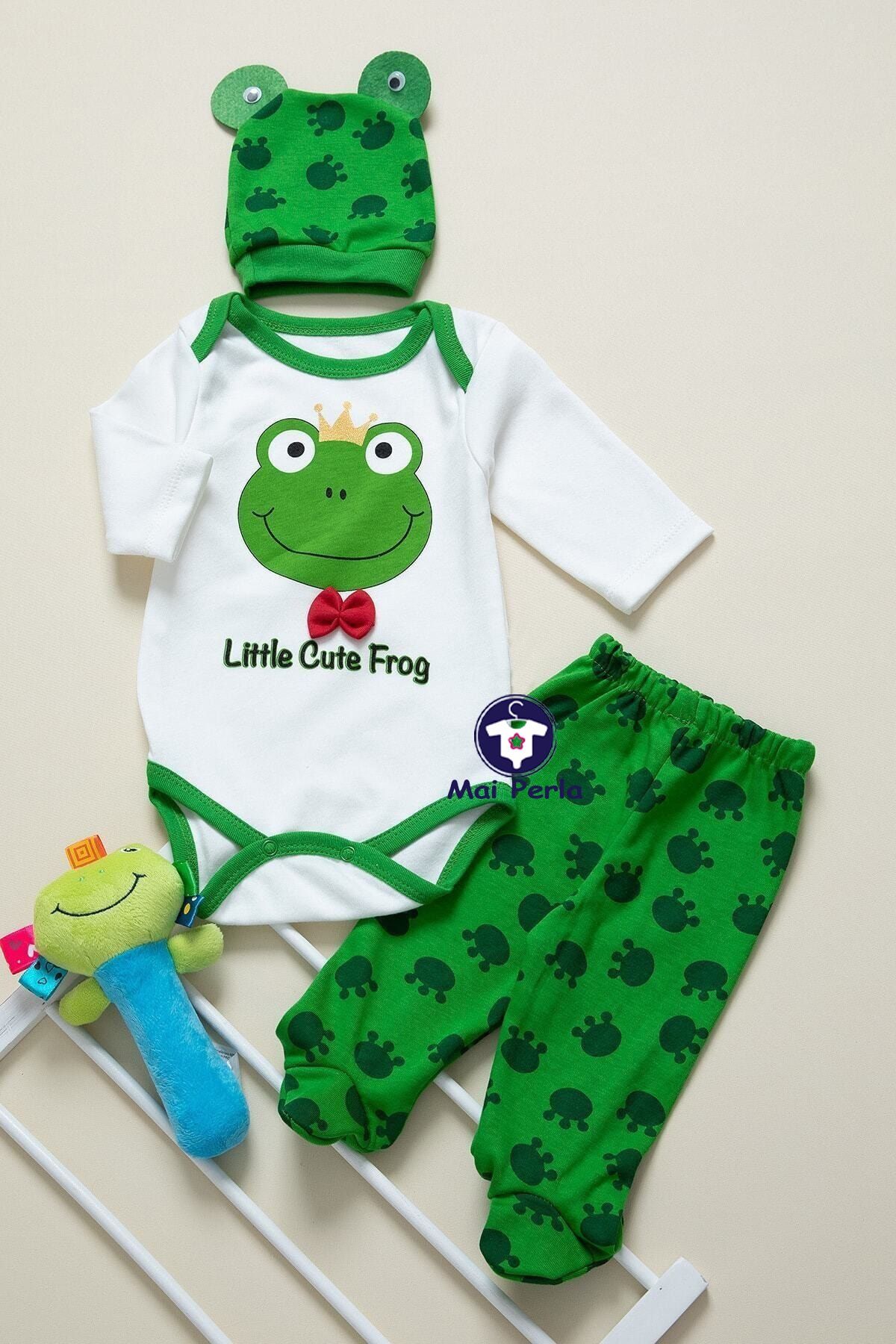 Mai Perla Unisex Bebek Yeşil Kurbağa Zıbın Takımı 3 Lü