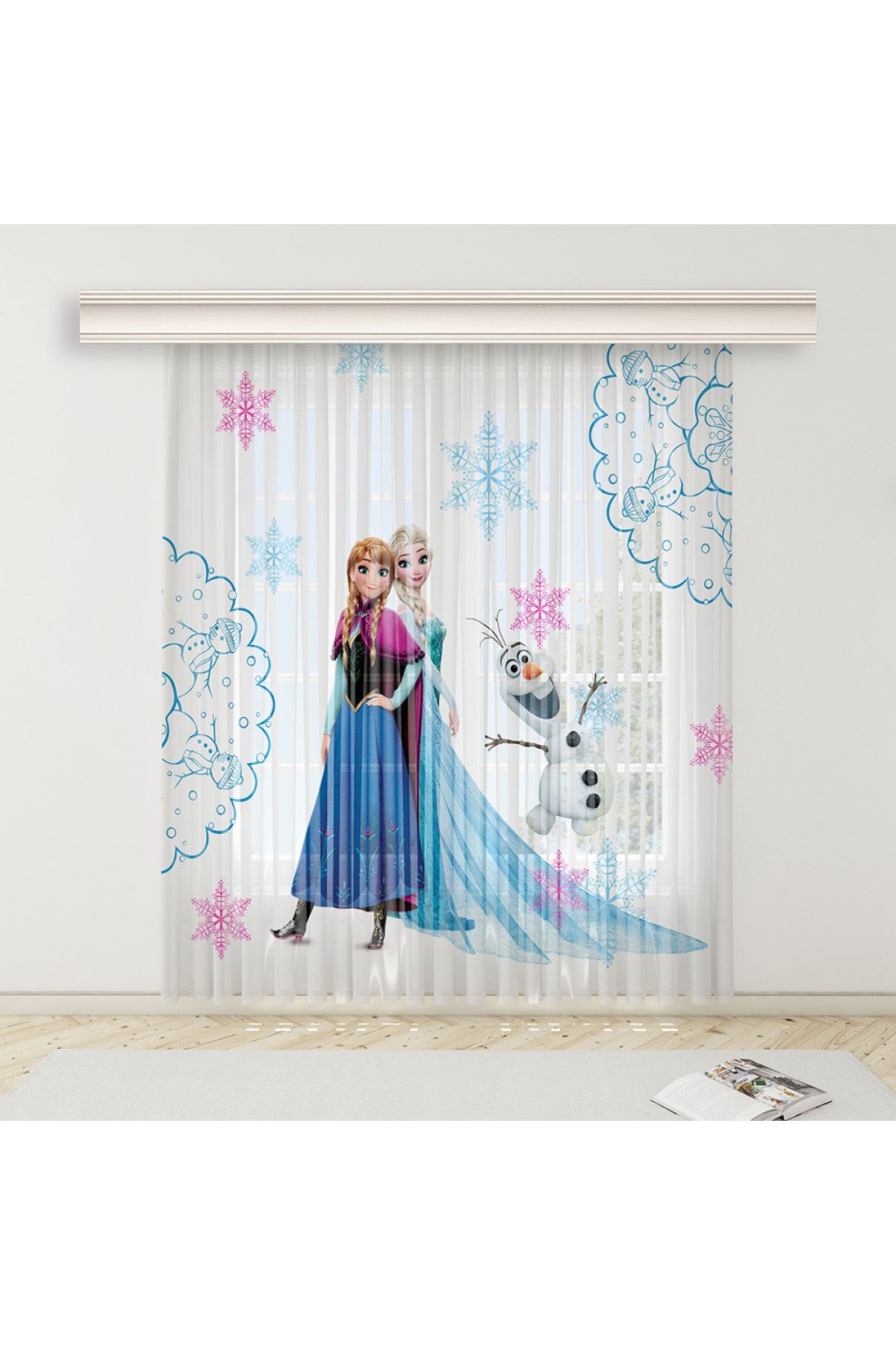 Tekstilnet Beyaz Zemin Elsa Desenli Çocuk Odası Baskılı Tül Perde Yıkanabilir Titi Zemin