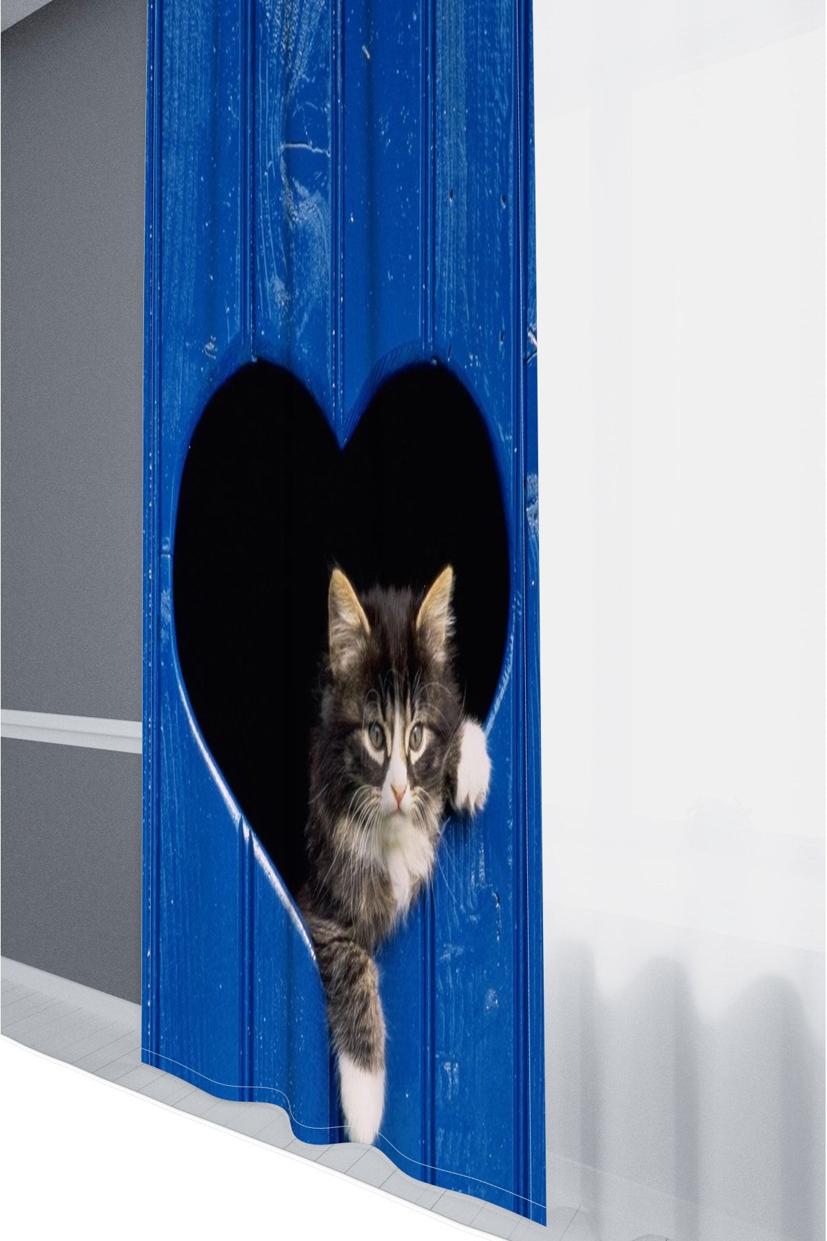 Tekstilnet Kedi Kalp Desenli Yıkanabilir Saten Kumaş Baskılı Fon Perde
