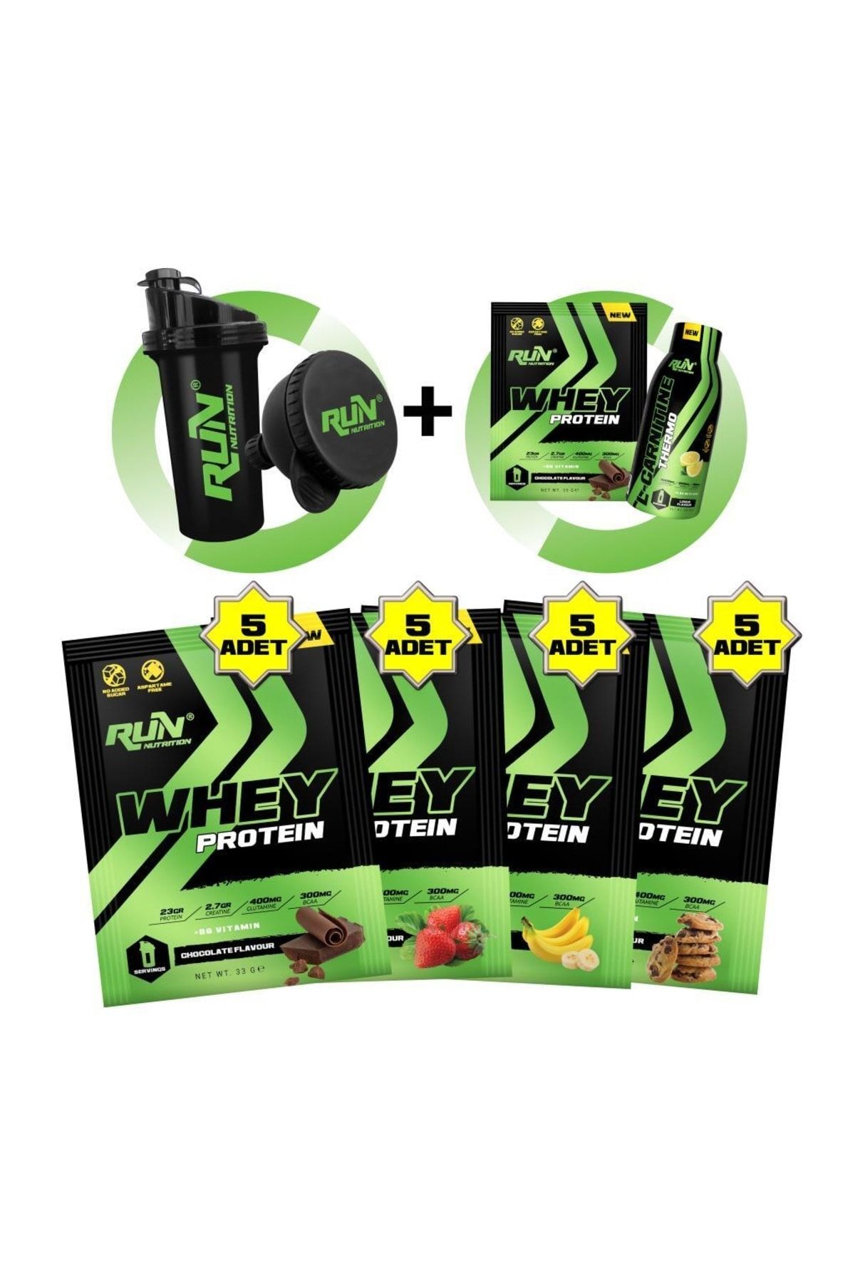 Run Nutrition Whey Protein Saşe 660gr - 20 Adet X 33gr (4 AROMALI) Shaker Huni Hediyeli