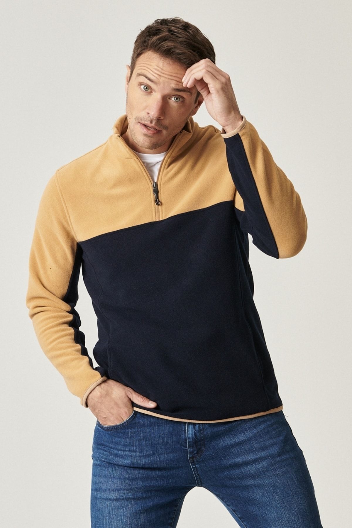 AC&Co / Altınyıldız Classics Erkek Karamel-lacı Standart Fit Normal Kesim Günlük Rahat Çift Renkli Polar Spor Sweatshirt