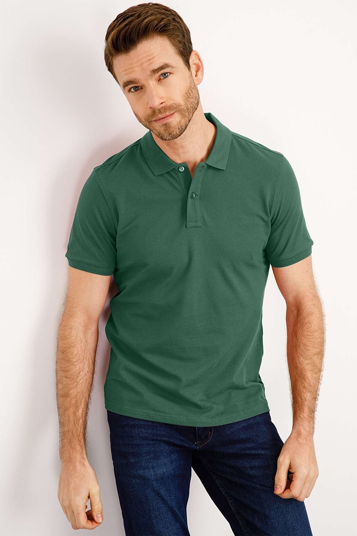 İgs Erkek Yeşil Modernfit / Dar Kalıp Polo Yaka Tişört