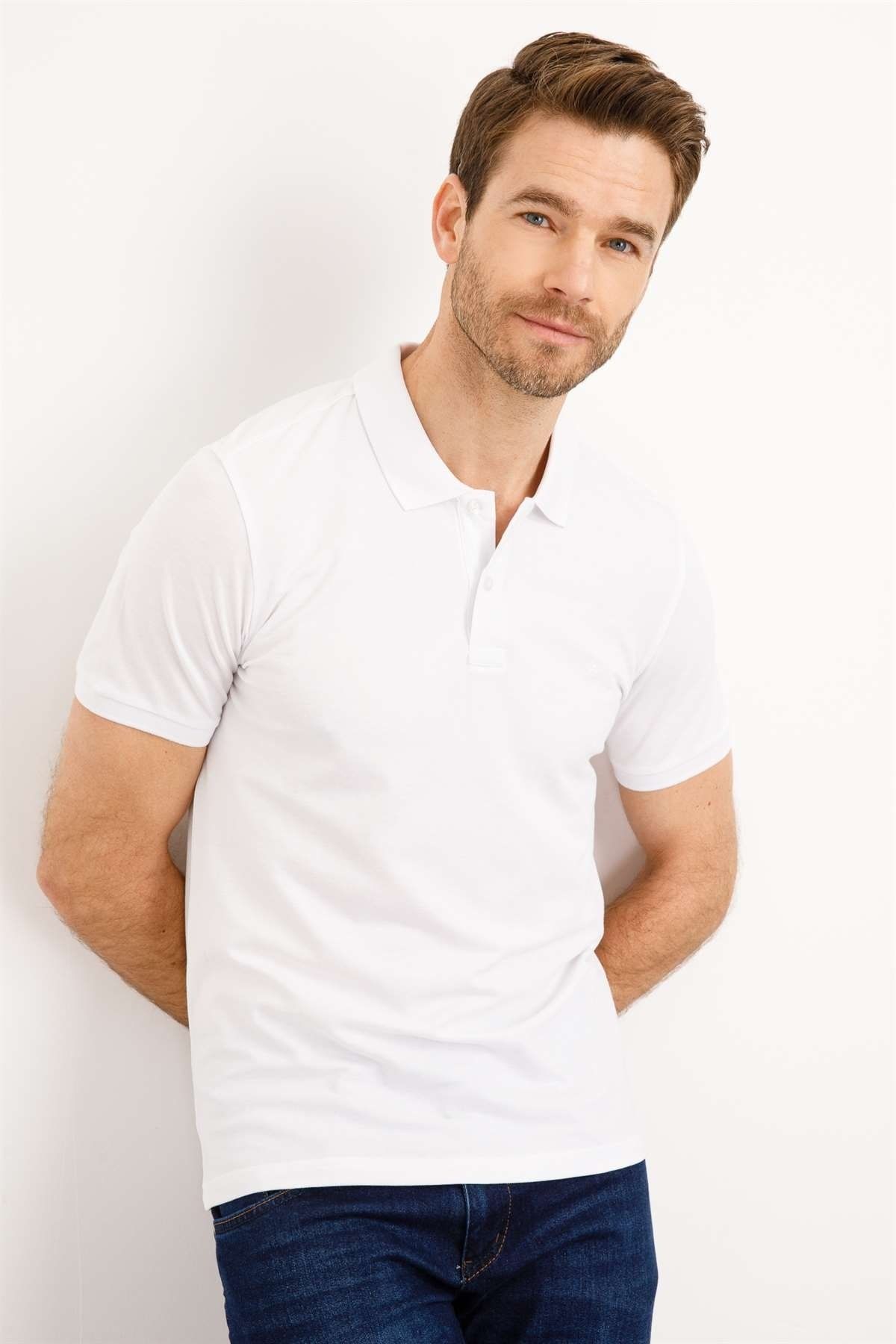 İgs Erkek Beyaz Modernfit / Dar Kalıp Polo Yaka Tişört