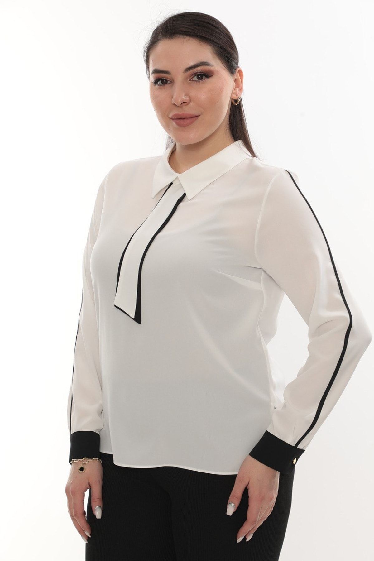 Selent Kadın Kravat Modelli Uzun Kollu Büyük Beden Gömlek