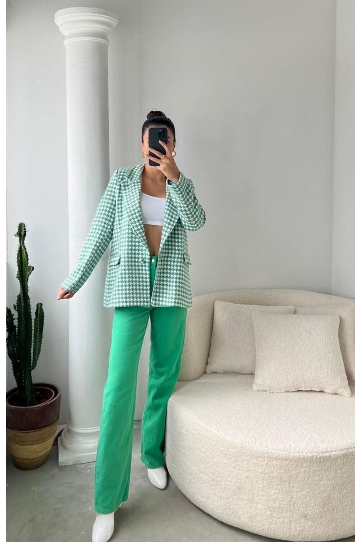 manana fashion Tek Düğme Detaylı Kazayağı Yeşil Blazer Astarlı Ceket