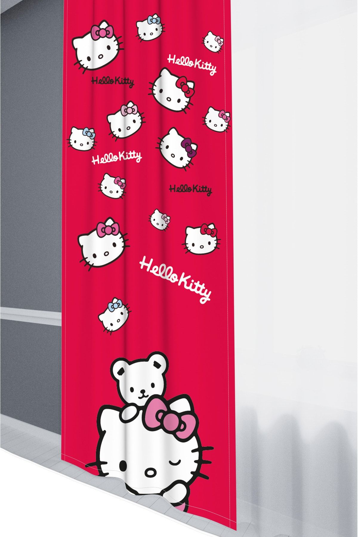 Tekstilnet Hello Kitty Desenli Yıkanabilir Saten Kumaş Çocuk Odası Baskılı Fon Perde