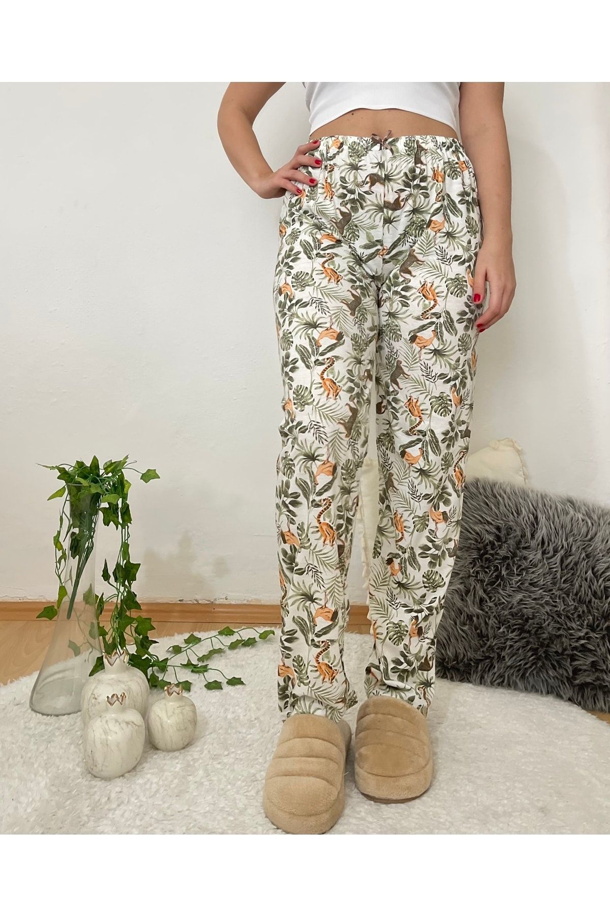 Betimoda Kadın Pijama Altı Kurdeleli Yeşil Yapraklı Horoz Desenli