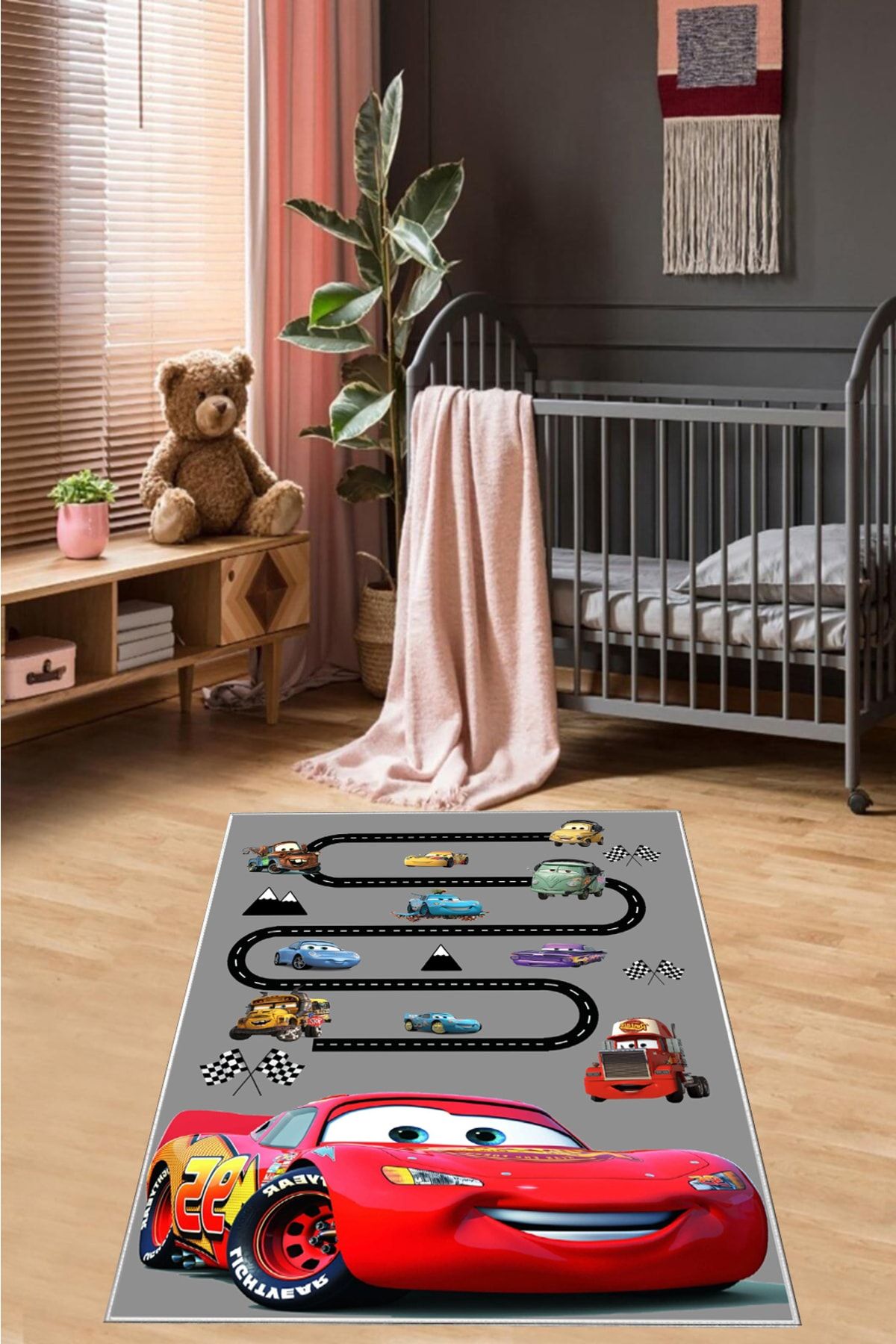 ESTRELLA HOME Özel Tasarım Dijital Baskılı Kaymaz Taban Yıkanabilir Çocuk Odası Halısı Kırmızı Arabalı Trafik