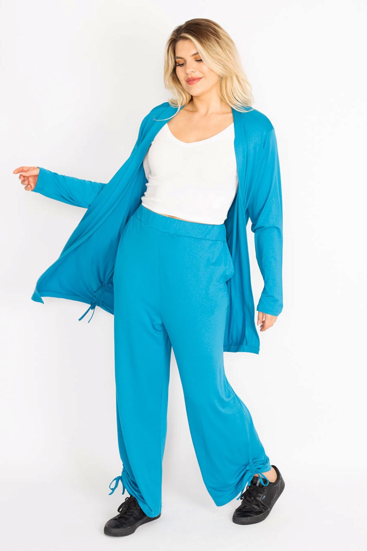 Şans Kadın Büyük Beden Mavi Yan Bağcık Detaylı Hırka Pantolon Takım 65n34906