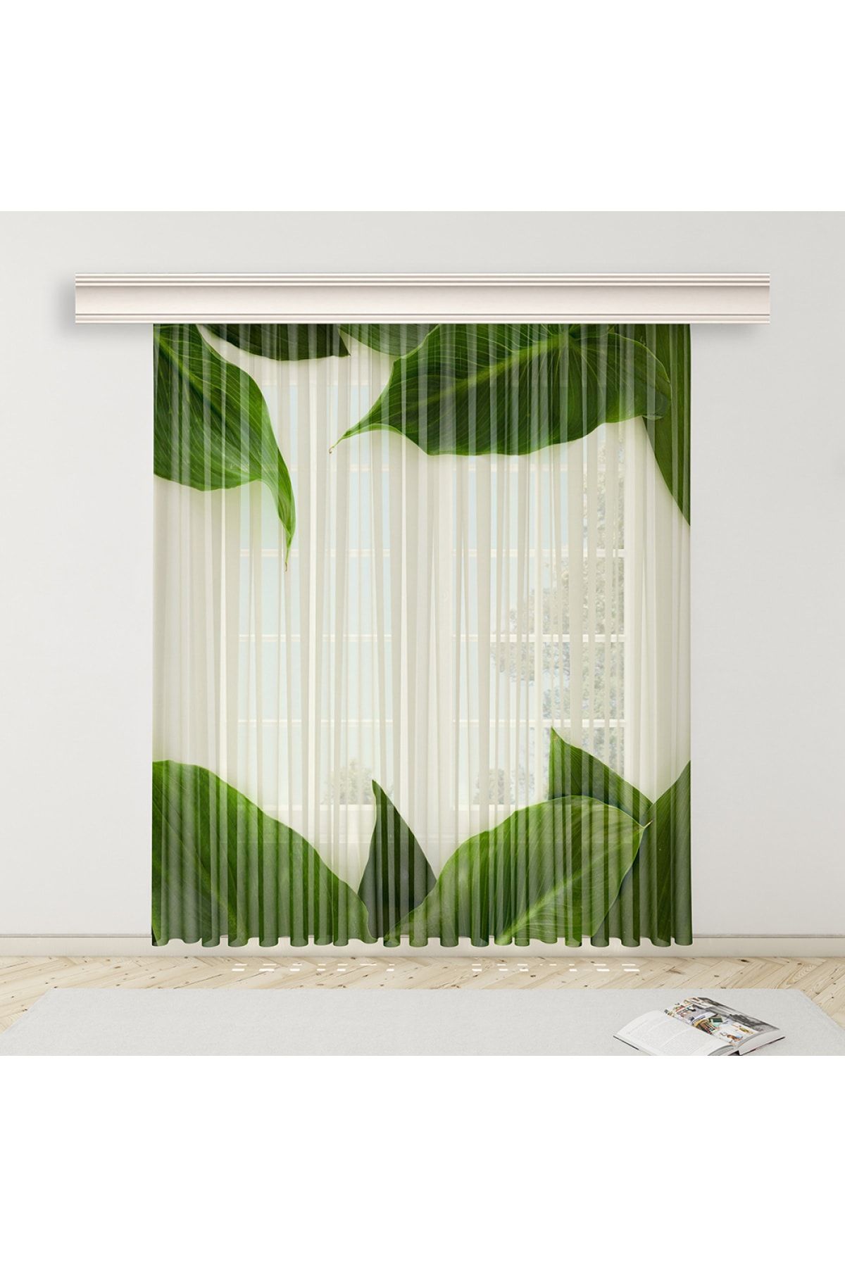 Tekstilnet Beyaz Zemin Yeşil Yaprak Desenli Salon Baskılı Tül Perde Yıkanabilir Titi Zemin