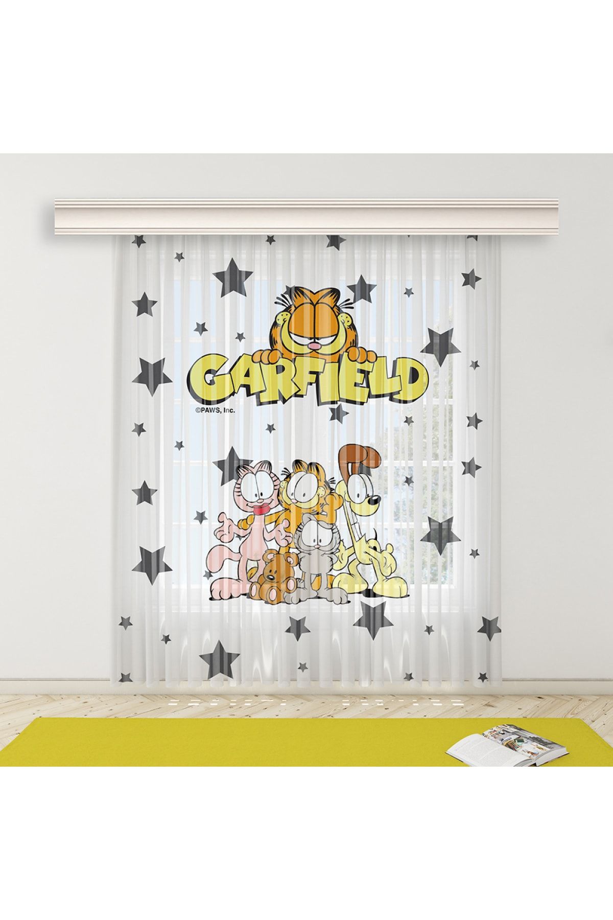 Tekstilnet Beyaz Zemin Garfield Desenli Çocuk Odası Baskılı Tül Perde Yıkanabilir Titi Zemin
