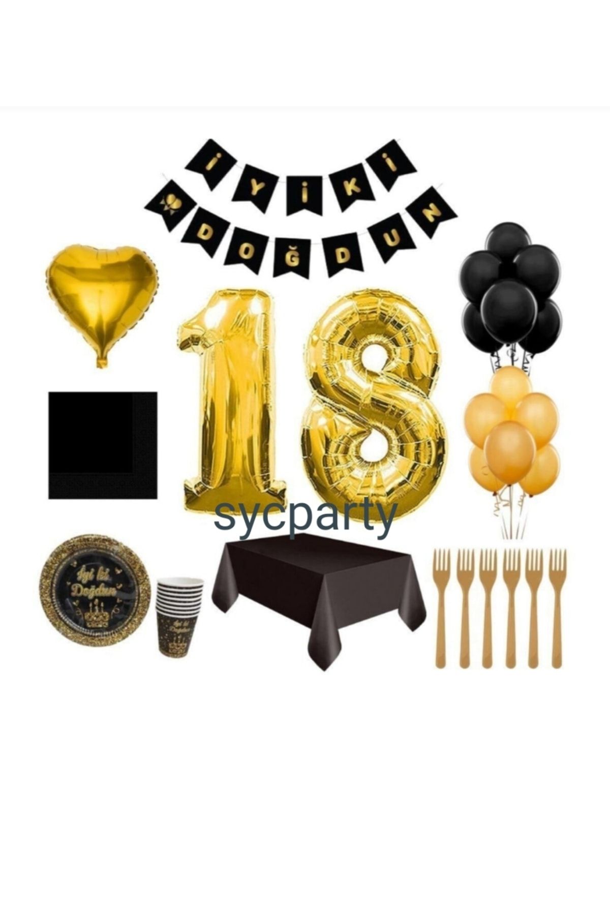 BalonEvi 18 Yaş Doğum Günü Seti Siyah Gold 8 Kişilik