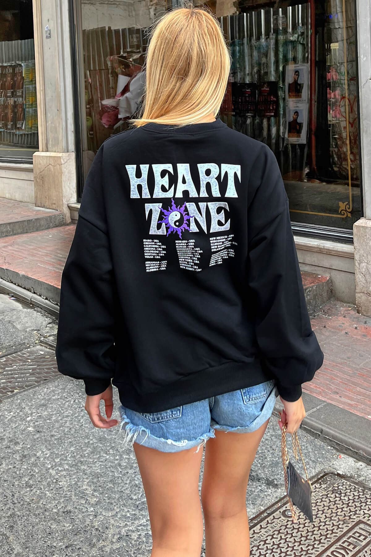 Swist Siyah Heart Zone Ön Ve Arka Baskılı Kadın Sweatshirt