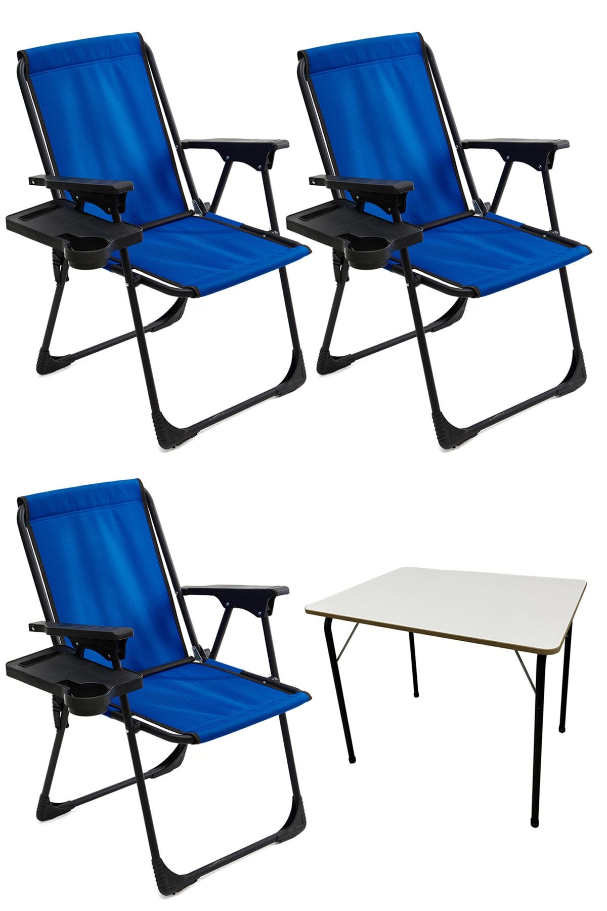 moniev Natura 3 Adet Kamp Sandalyesi Katlanır Sandalye Dikdörtgen Bardaklıklı Mavi Katlanır Mdf Masa