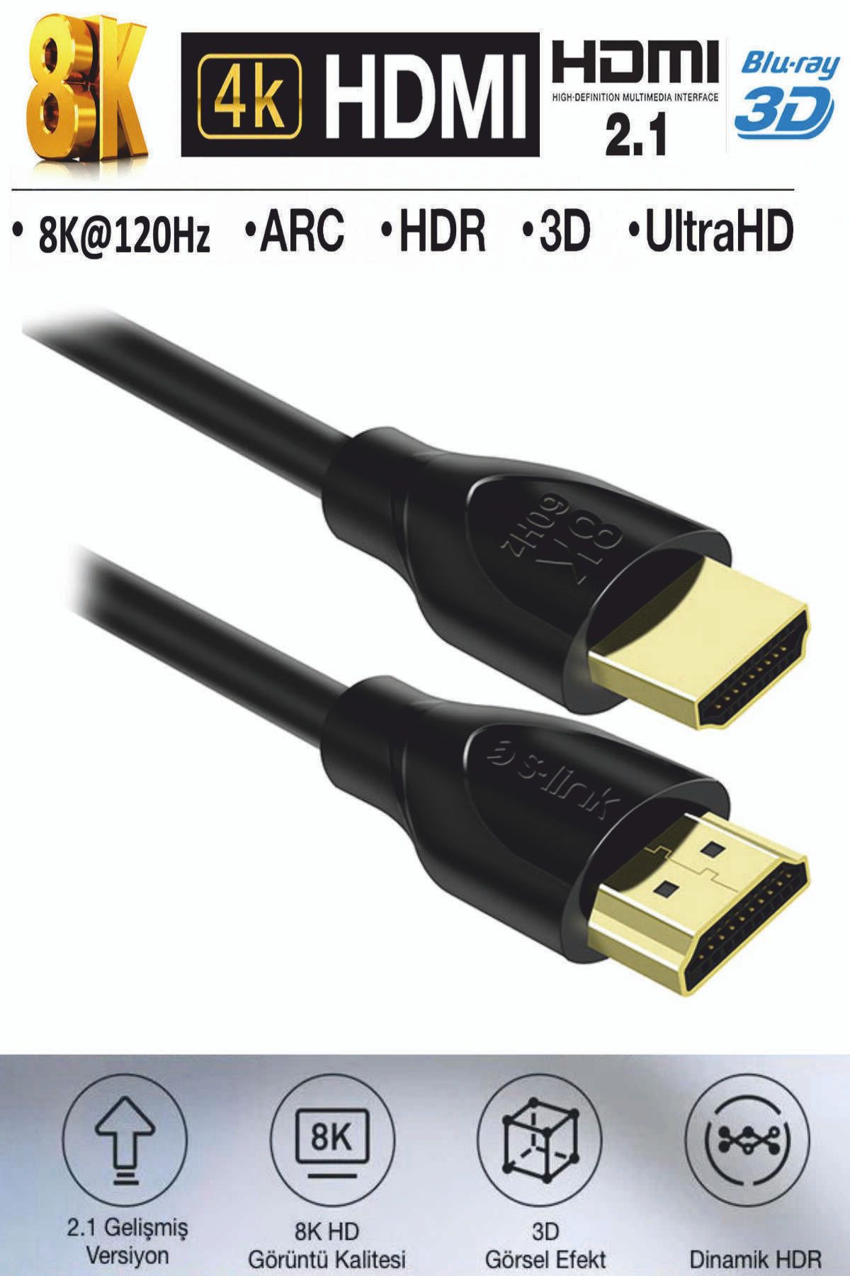S-Link Ultra HDTV 8K HDMI kablosu 8K 60Hz, 4K 120Hz, 7680p Yüksek Hızlı HDR 2.1V  48 Gbps 1.5m Altın Uçlu