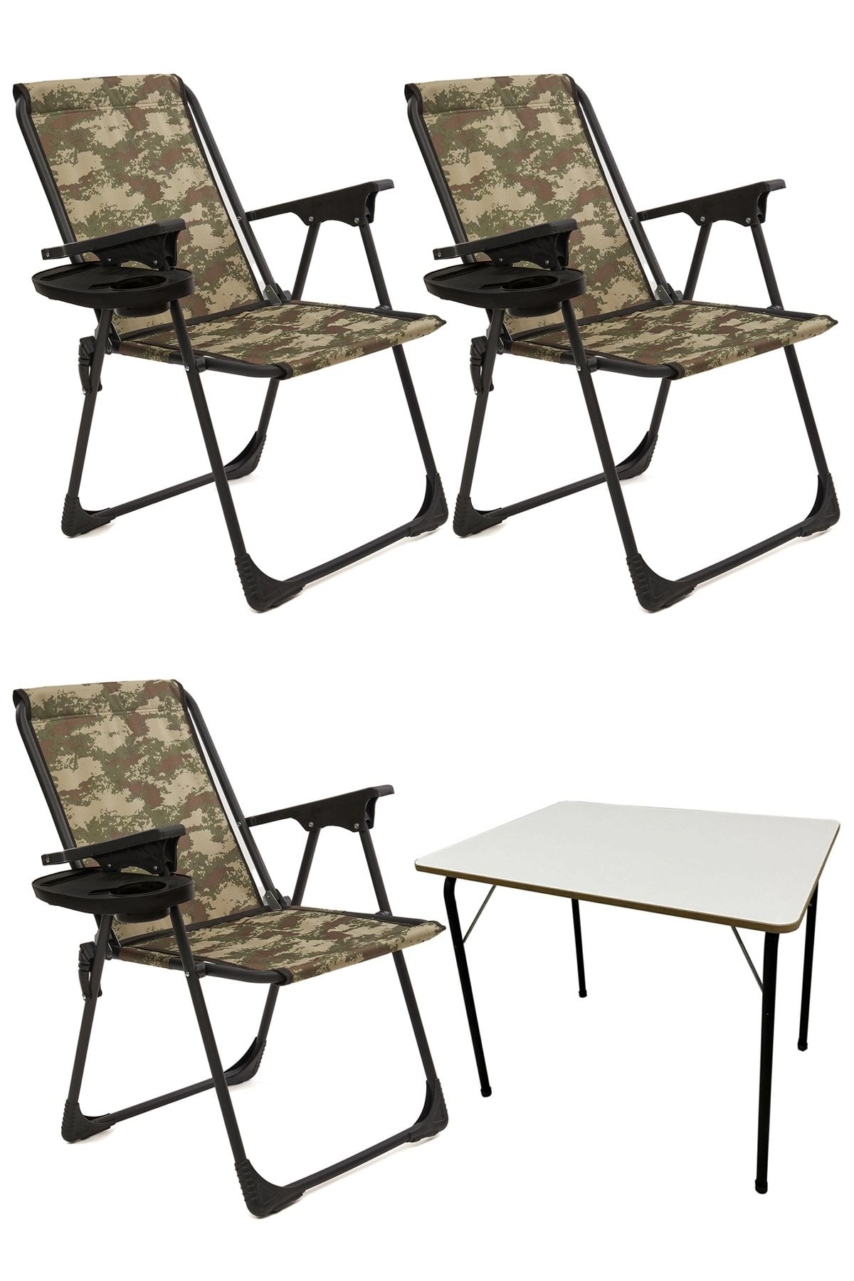 moniev Natura 3 Adet Kamp Sandalyesi Katlanır Piknik Sandalye Oval Bardaklıklı Kamuflaj Katlanır Mdf Masa