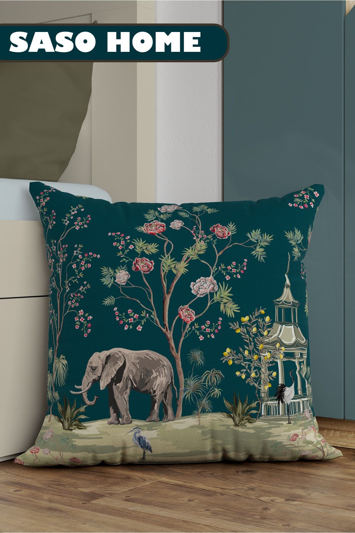 SasoHome Turquoise Elephant And Roses Pattern Desenli Dekoratif Hediyelik Kırlent - Yastık Kılıfı