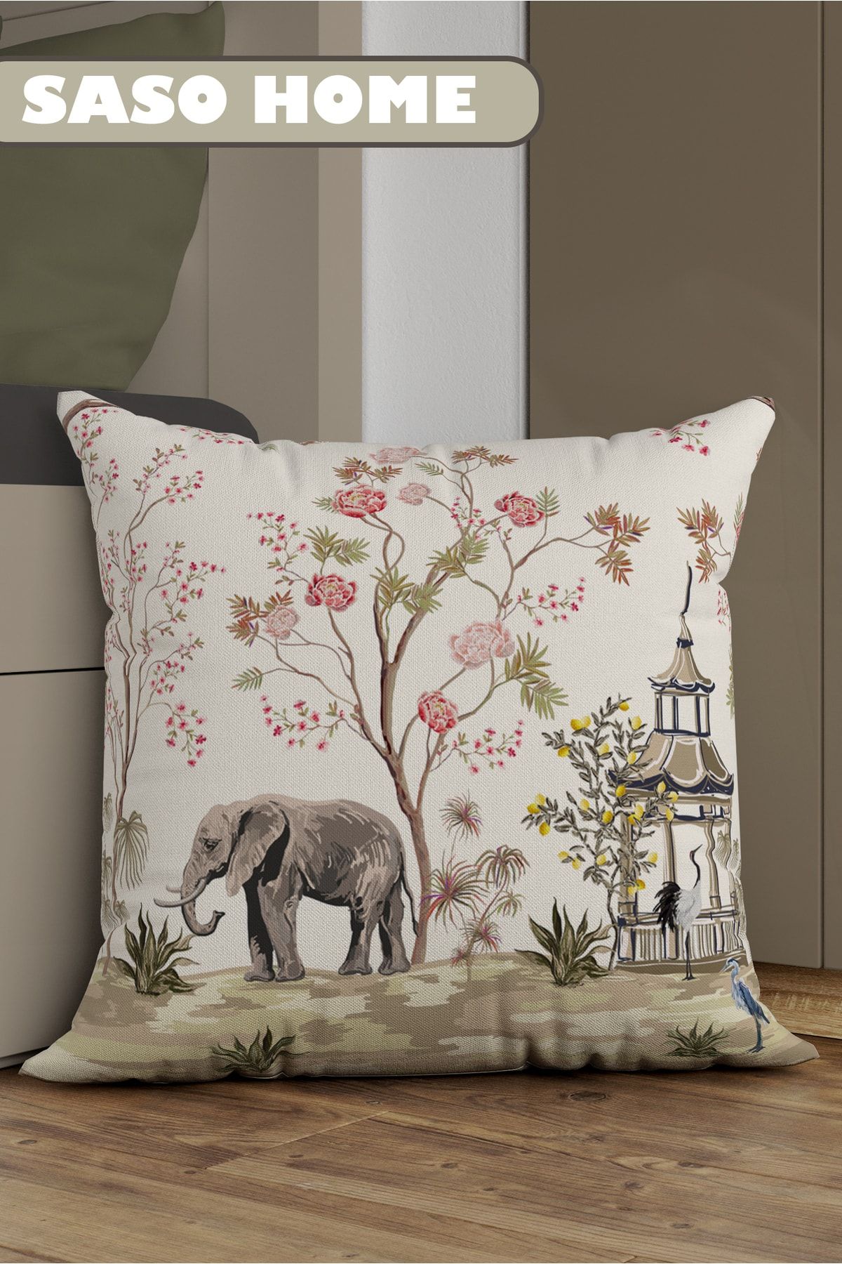 SasoHome Cream Elephant And Roses Pattern Desenli Dekoratif Hediyelik Kırlent - Yastık Kılıfı