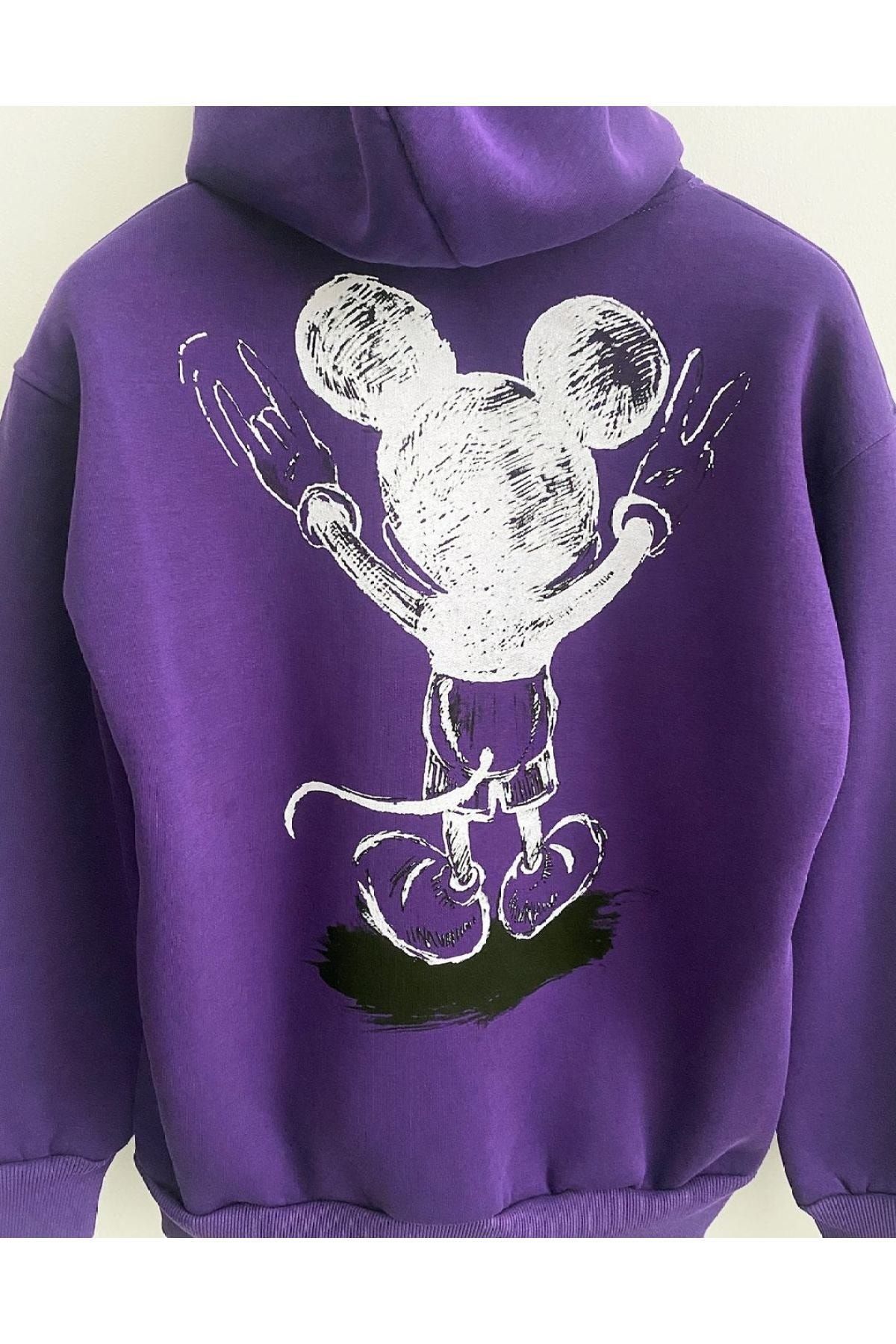 Machetta Mickey Mouse Sırt Baskılı Oversize Kapüşonlu Sweatshirt